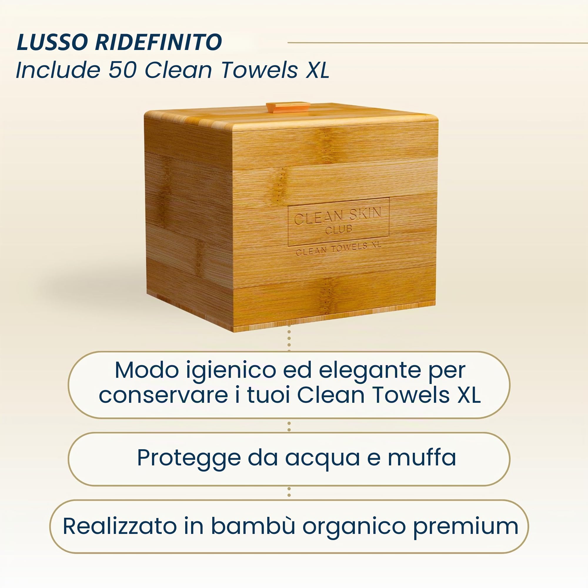 Clean Skin Club Contenitore Luxe Bamboo con coperchio, include 50 asciugamani monouso Clean Towels XL Original