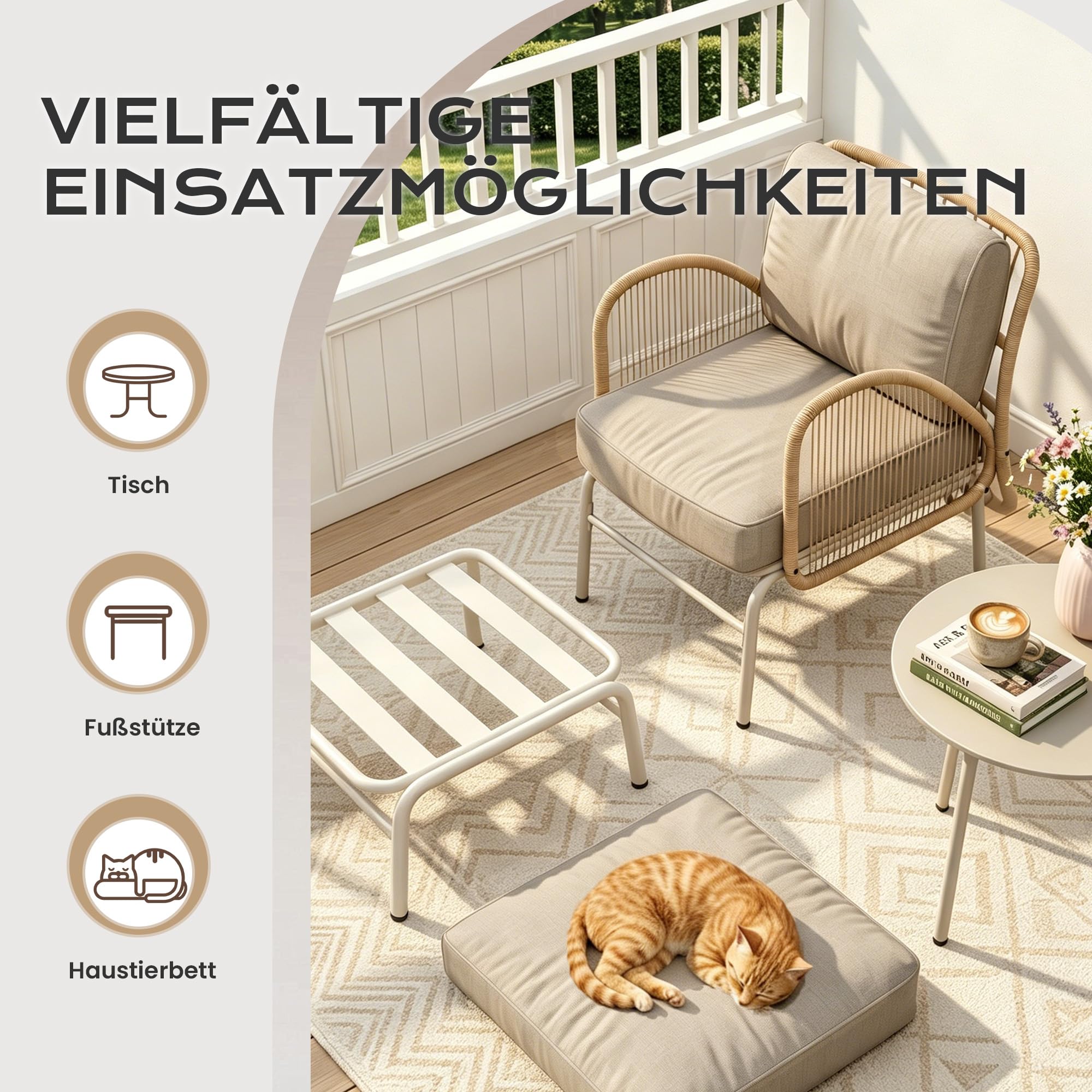 3-teiliges Gartenmöbel-Set, Rattan Outdoor Sitzgruppe mit Sessel, Hocker & Beistelltisch, Wetterfestes Garten-Lounge-Set mit dicken Polstern für Balkon, Hinterhof, Veranda