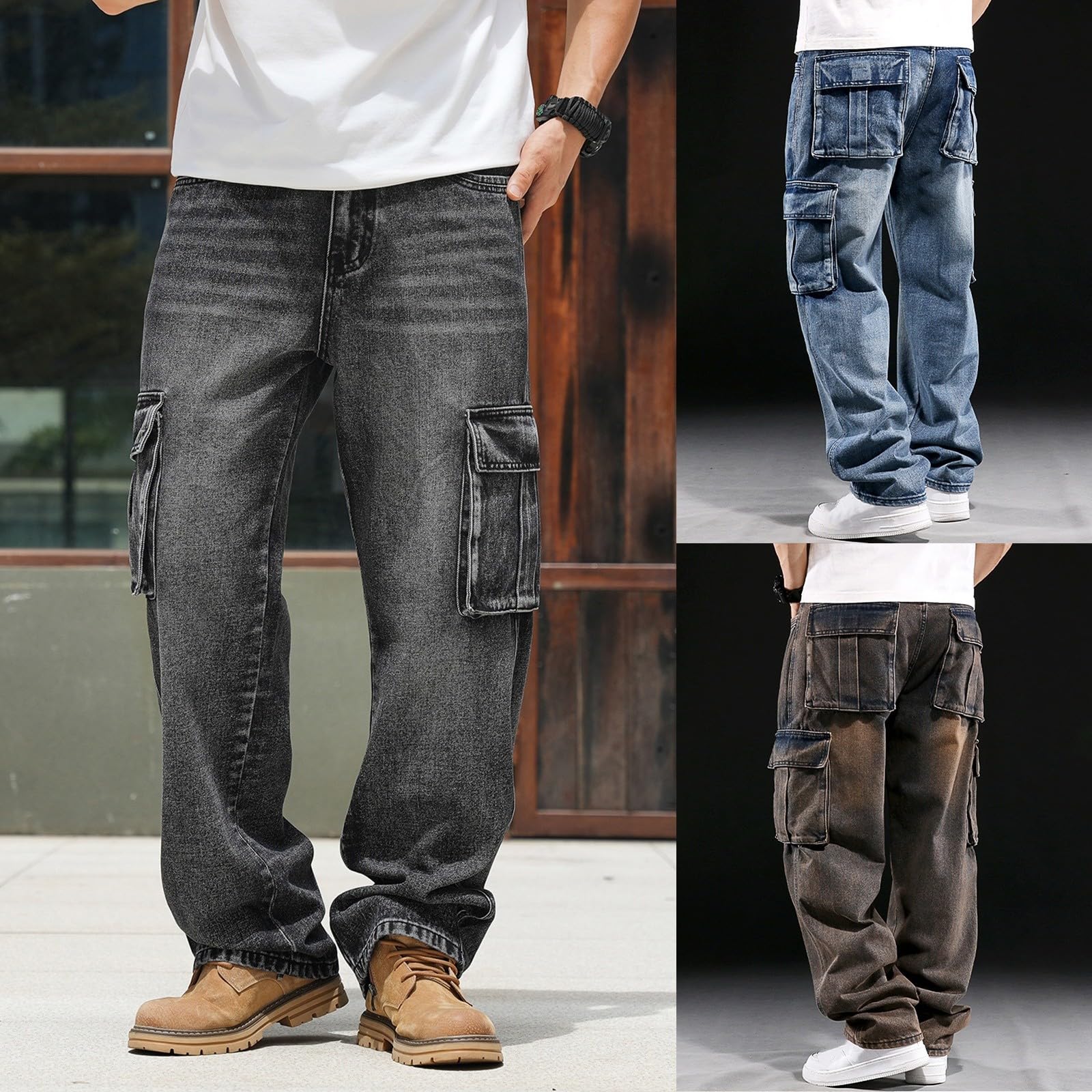 Pantalones vaqueros cargo para hombre, pantalones vaqueros con múltiples bolsillos, pantalones vaqueros resistentes a la abrasión, prácticos, pantalones cargo de tallas grandes, holgados, elásticos