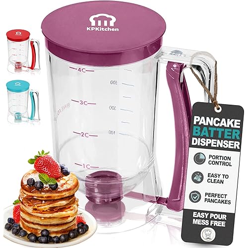 Pancake Batter Dispenser - Kitchen Must Have Tool for Perfect Pancakes, Cupcake, Waffle, Muffin Mix, Cake & Crepe - Easy Pour Baking Supplies for Griddle - Pancake Maker with Measuring Label (Purple)