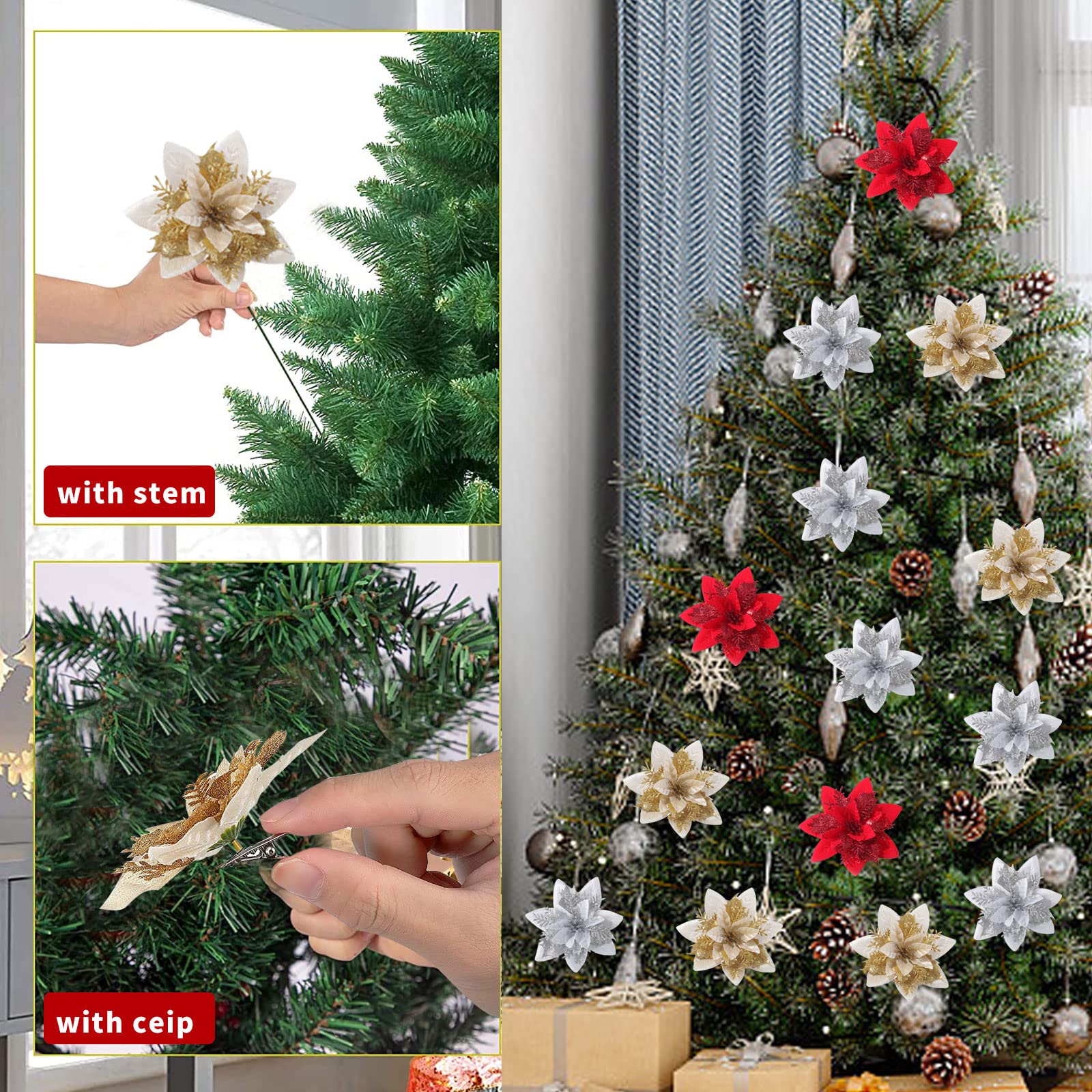 JOKILY 12 stelle di Natale con brillantini, fiori artificiali, stelle di Natale, fiori artificiali, fiori decorativi, decorazioni con 12 clip in metallo e steli (oro 12