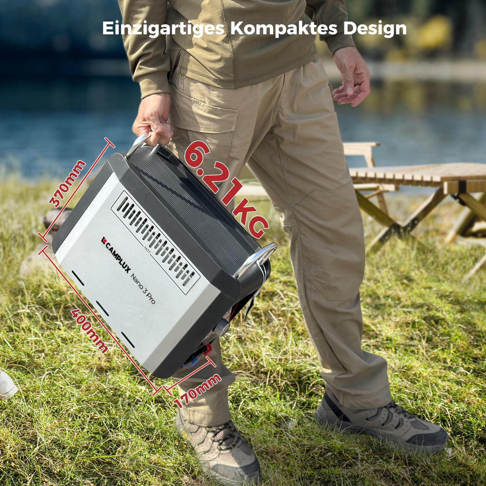 CAMPLUX Nano 3 Liter Gasdurchlauferhitzer Mobiler mit Wasserpumpe & Griff, 12 Volt, 50mbar LPG, für Campingdusche, Nano 3 Pro-DE