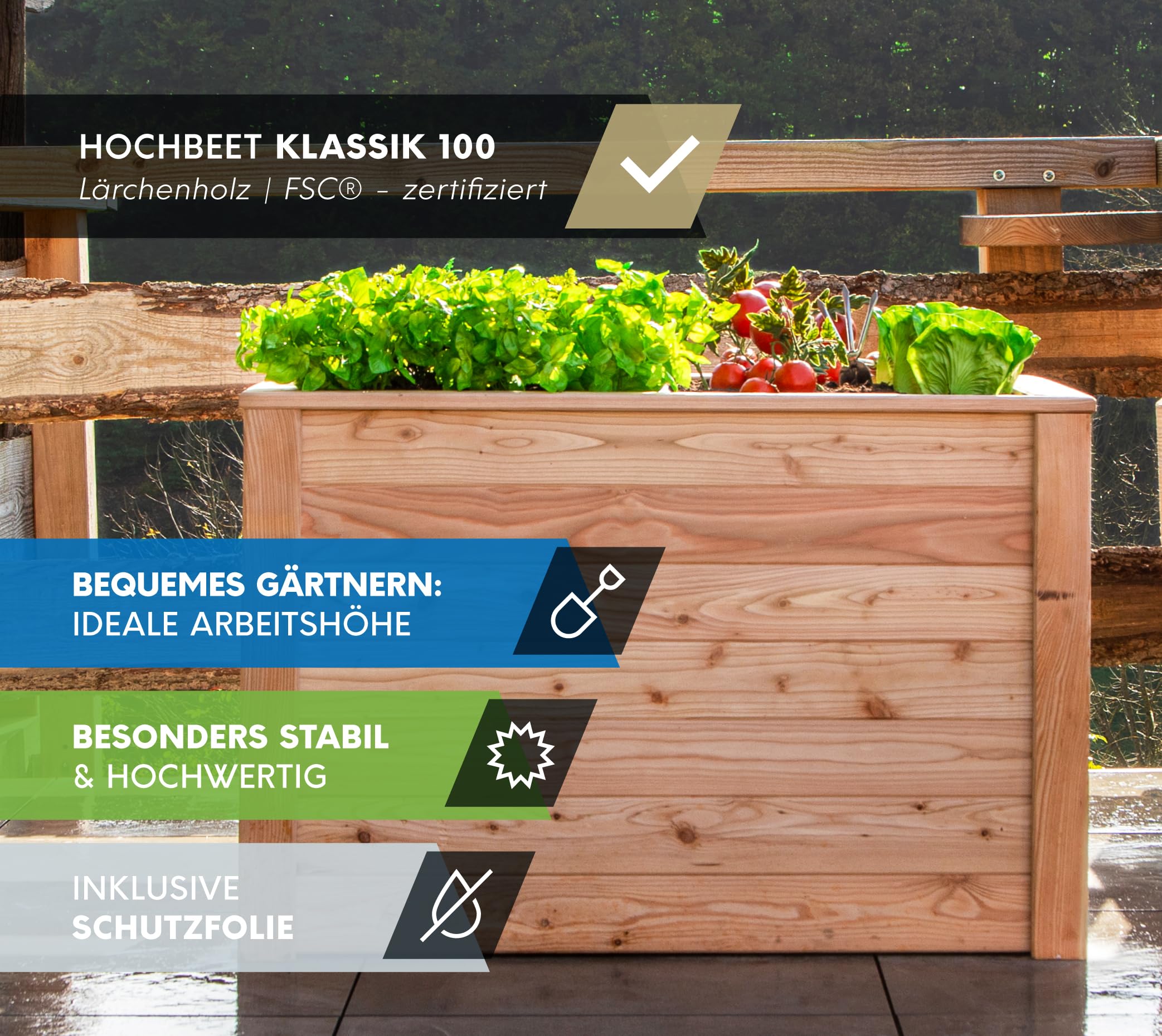 WESTMANN Hochbeet aus Lärchenholz inkl. Aussaatkalender | 100x65x66 cm Natur | Kräuterbeet für den Außenbereich | Holzhochbeet zum Bepflanzen von Gemüse & Kräutern