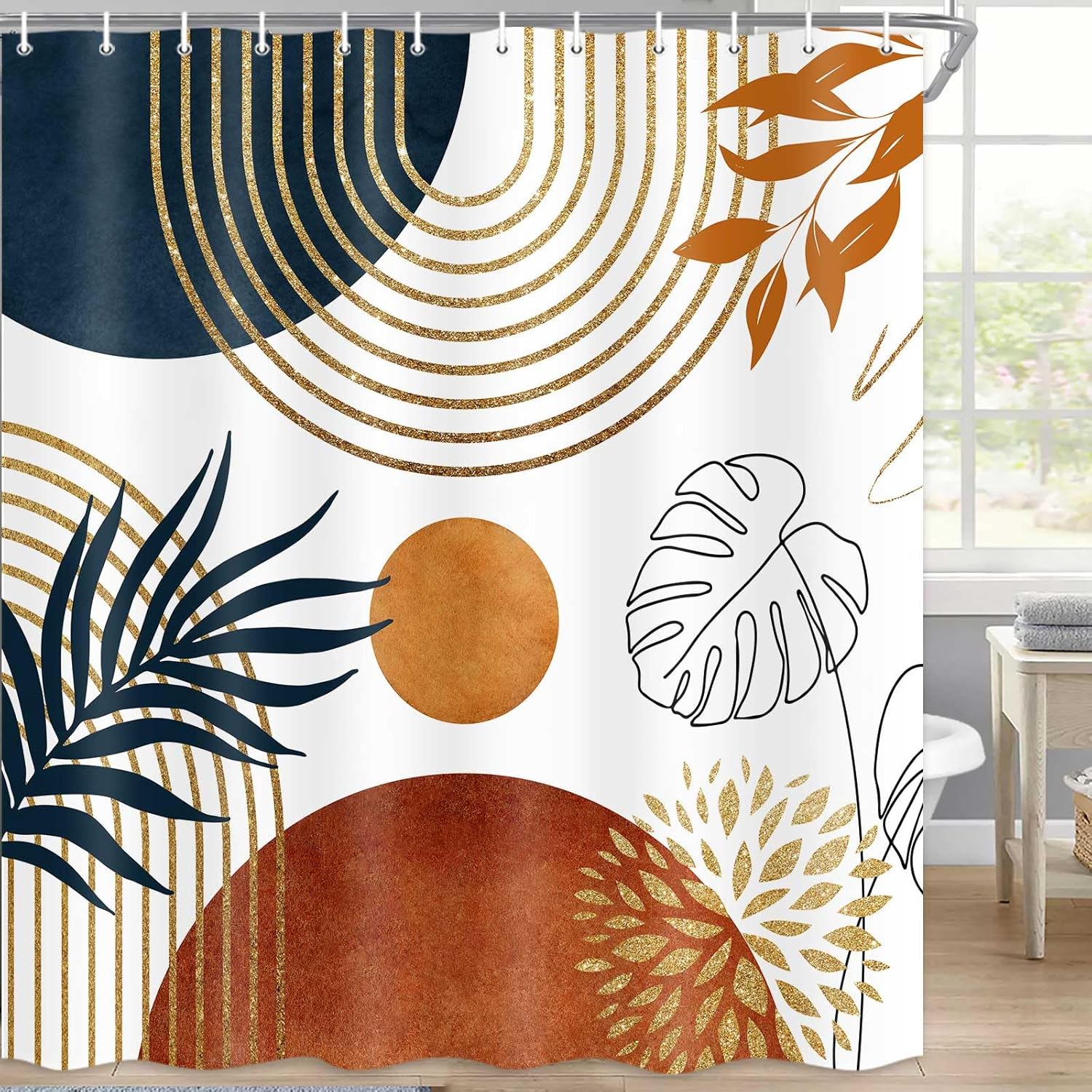 Boho Navy Blue Shower Curtain, Modern Abstract Minimalist Mid Century Geometric Gold Brown Fabric Shower Curtains for Bathroom, Cute Aesthetic Bathroom Decor Set with Hooks 72x78 Inches