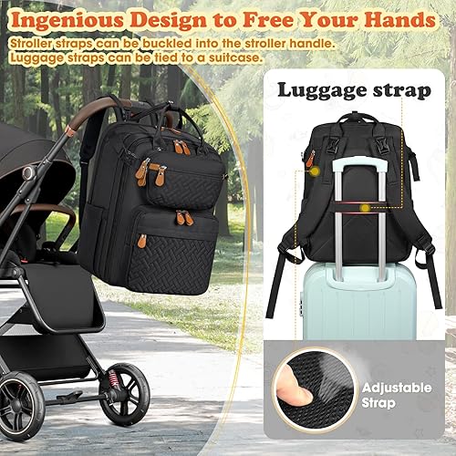 Miniatura 4 de RAINSMORE Mochila para pañales multifunción con cambiador y bolsa cruzada desmontable, mochila impermeable para mamá, Negro -