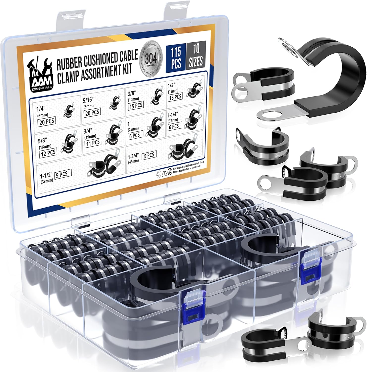 115 pcs cable clamps-304 Stainless Steel-Rubber Cushion Wire clamps-10 sizes 1/4" 5/16" 3/8" 1/2" 5/8" 3/4" 1" 1-1/4" 1-1/2" 1-3/4"-Assortment kit for pipe & wire mounting (Extra 5pcs)