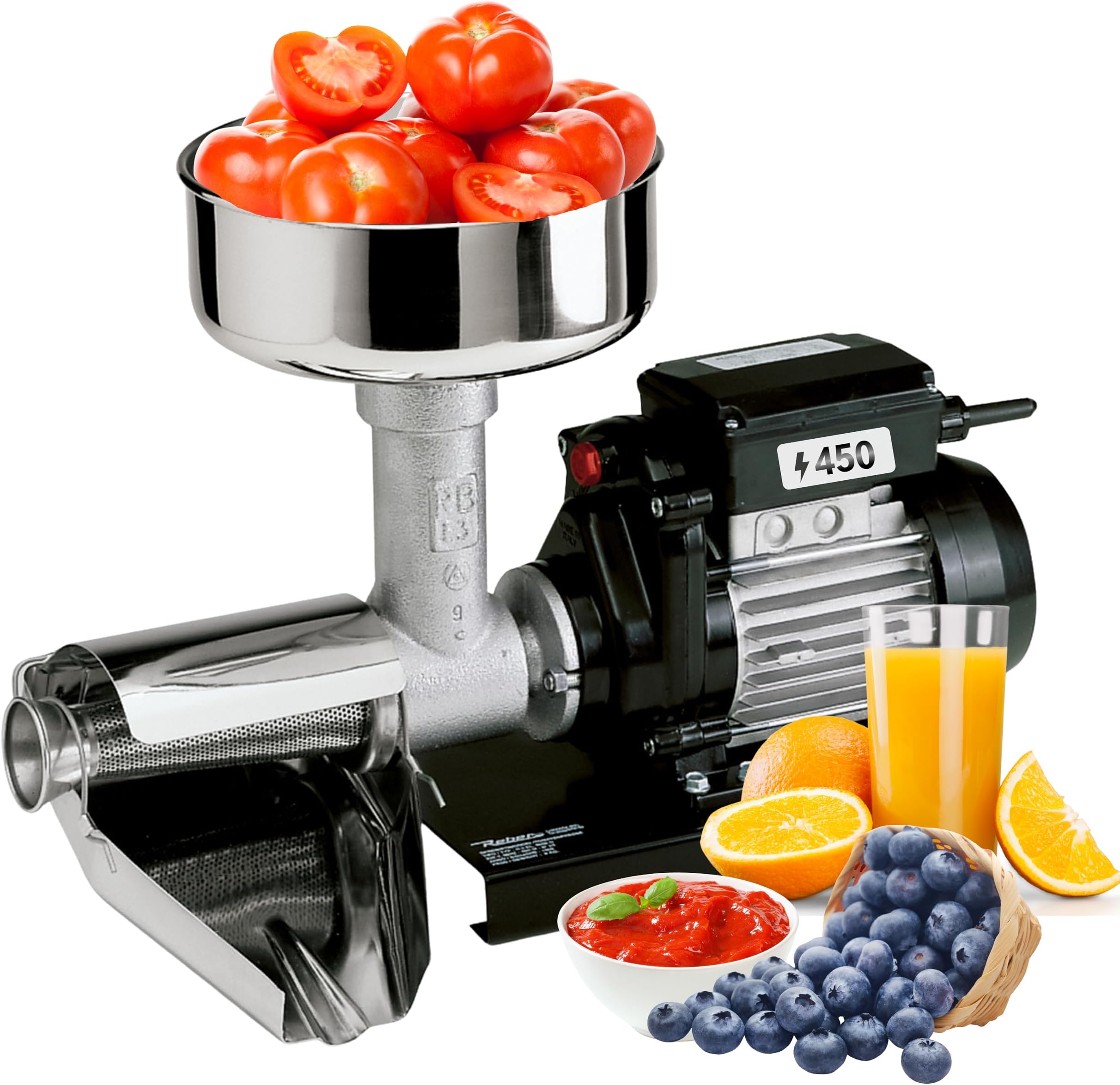 Reber Electric Tomato Strainer N.3 450W for Tomato Sauce, Preserves, Jams and Fruit Juices – Output up to 309 lbs/h– Stainless Steel Accessories – Induction Motor for Continuous Use – Made in Italy