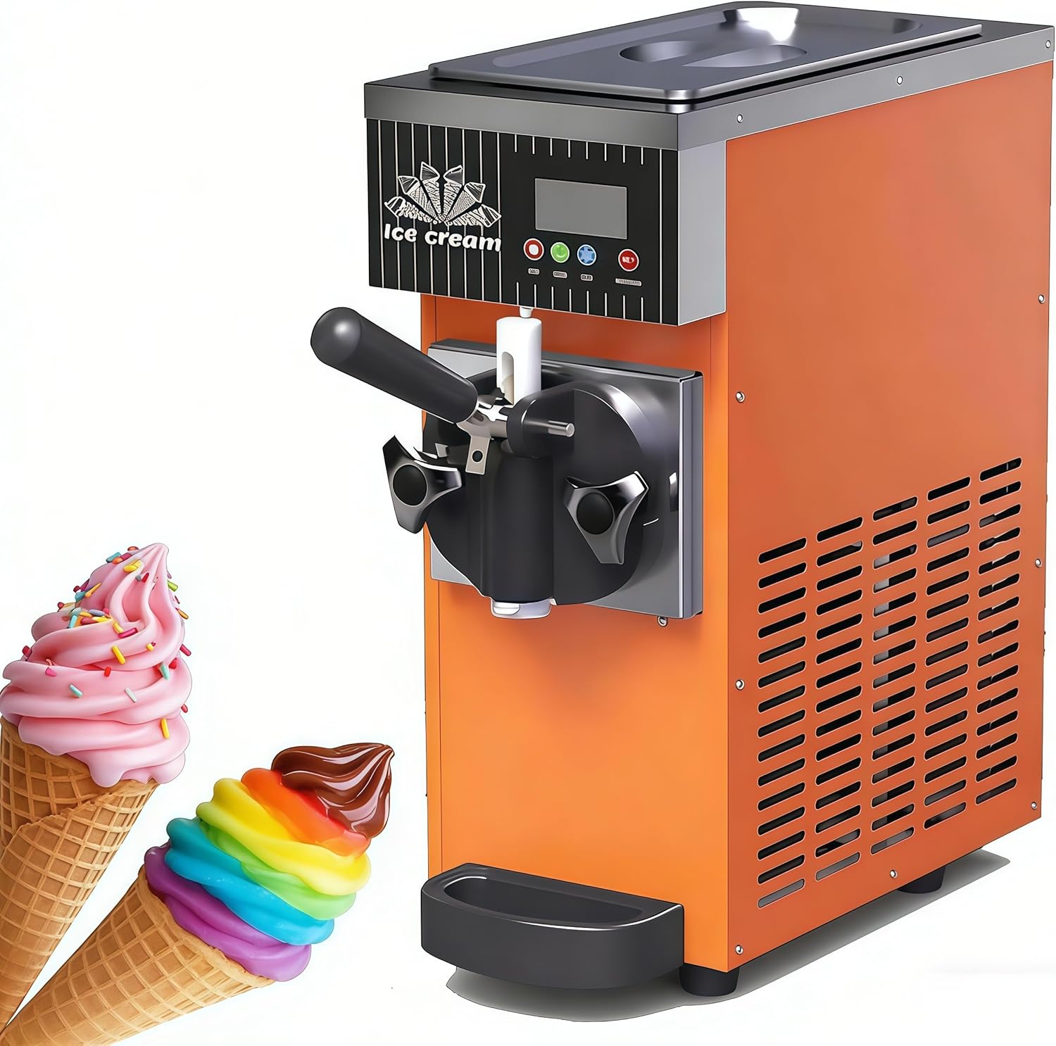 Soft Serve Ice Cream Machine Commercial 450W,4-5kg//H Single Flavor Soft Serve Ice Cream Machine Pre-Cooling Auto Clean LCD Touch Screen Soft Serve Maker for Home Kitchen, Cafes, Bars Orange