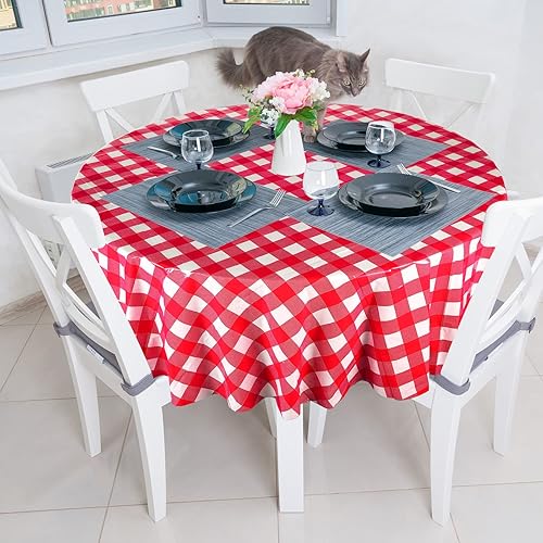 Miniatura 4 de Mantel desechable redondo de plástico a cuadros de 84 pulgadas, mantel de cuadros a cuadros para picnic, camping, barbacoa, fiesta de graduación