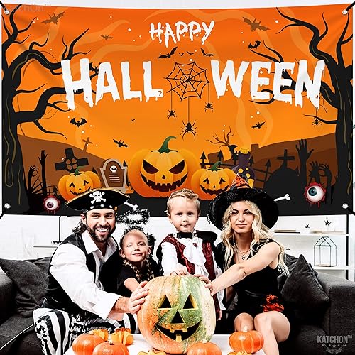 Miniatura 3 de KatchOn Pancarta extragrande de Feliz Halloween, 72 x 44 pulgadas, telón de fondo espeluznante, decoraciones de fiesta naranja y negro, pancarta de
