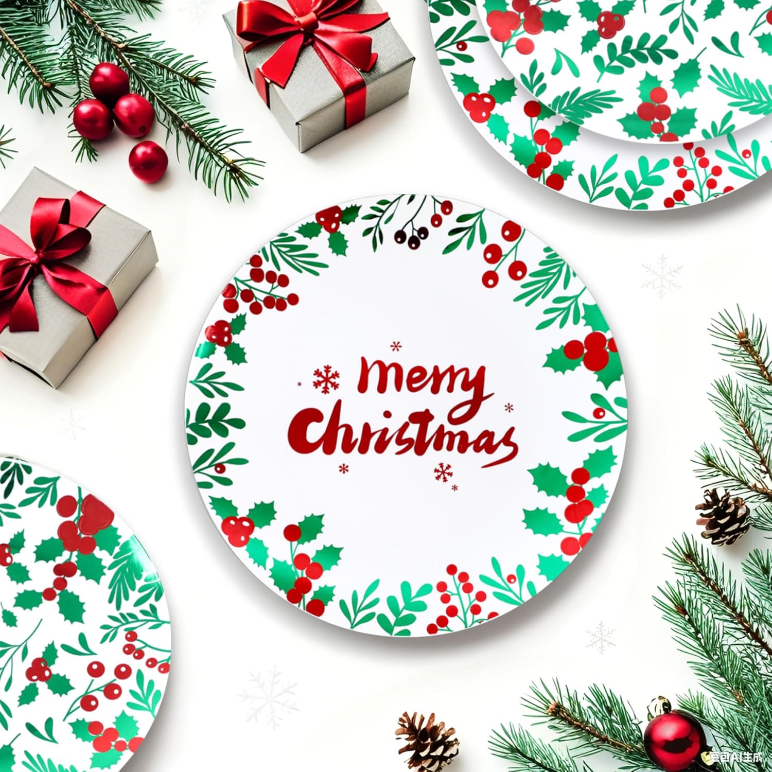 60 PCS Christmas Plates - Green and Red Plastic Dinner Plates for 30 Guests, 30 Dinner & 30 Salad Plates, Berry Leaf Design, Heavy Duty Disposable Plates for Xmas Holiday Parties