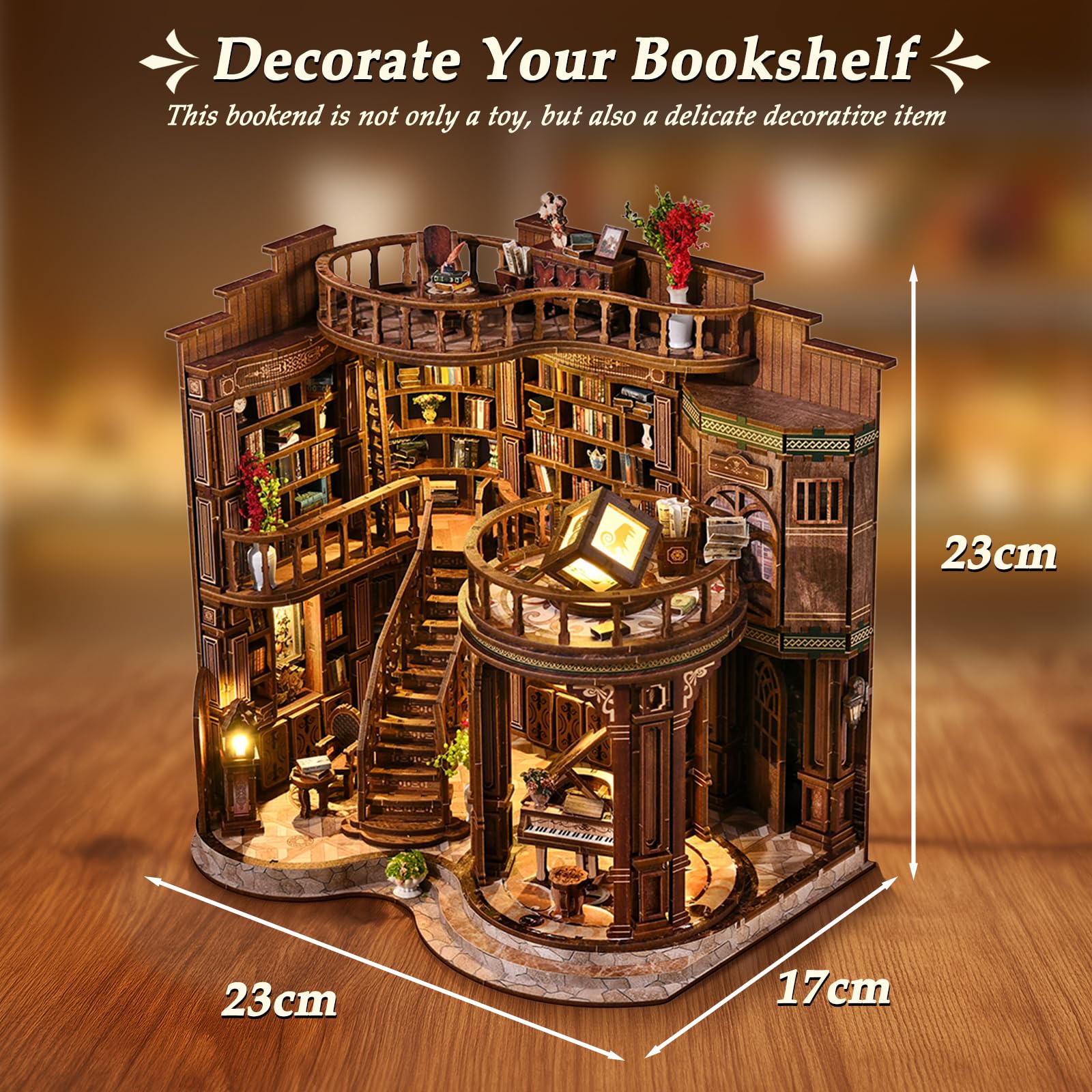 Zestaw do samodzielnego wykonania książek dla dorosłych, 3-poziomowy miniaturowy domek drewniany ze światłem LED, retro, do gabinetu, puzzle 3D, ciężkie (poziom 5), regał na książki, dekoracja, zestaw