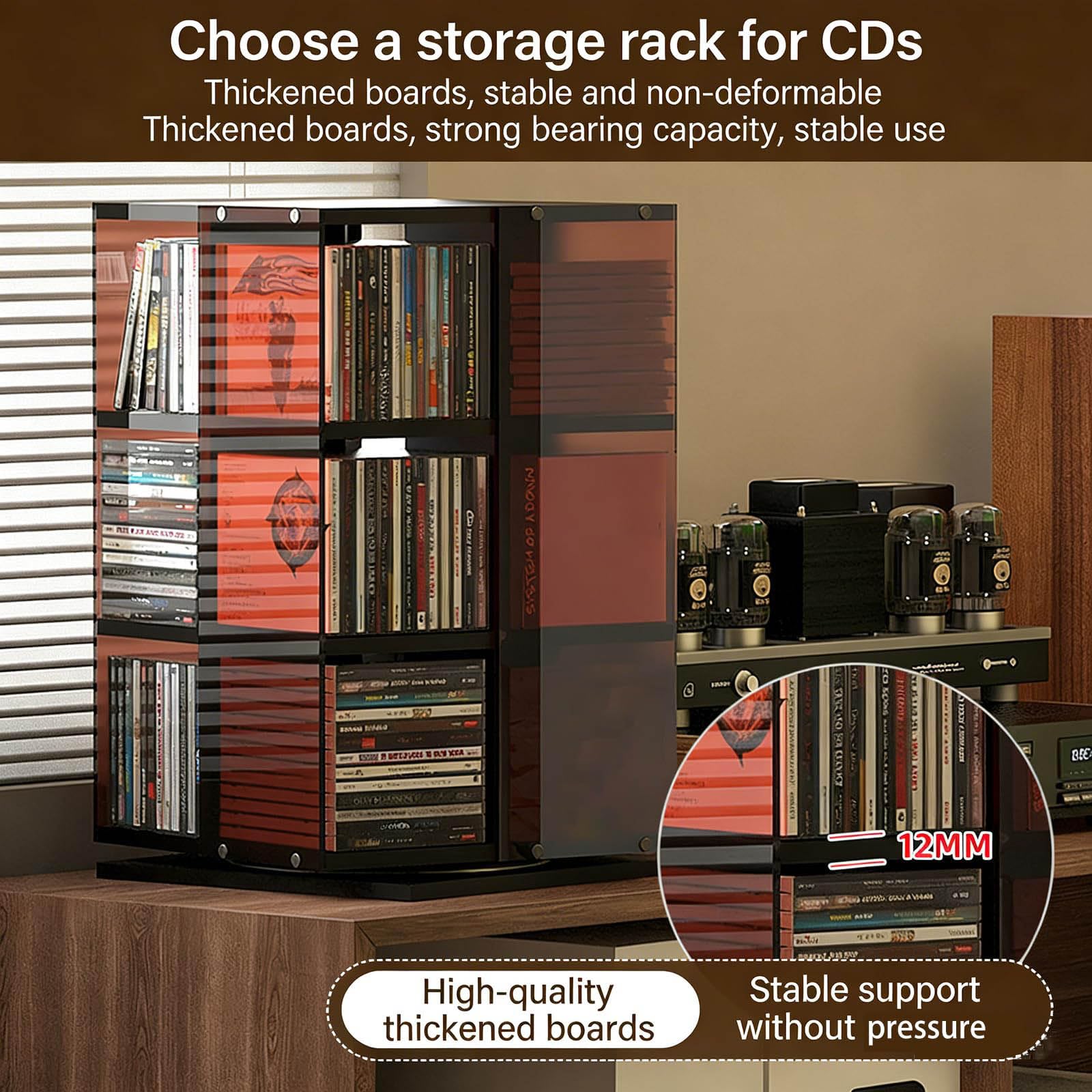 Porta CD Tower – Supporto girevole per DVD, design a 360°, contenitore aperto su 4 lati, contiene 120 CD, ideale per soggiorno e casa, finitura con venature del legno