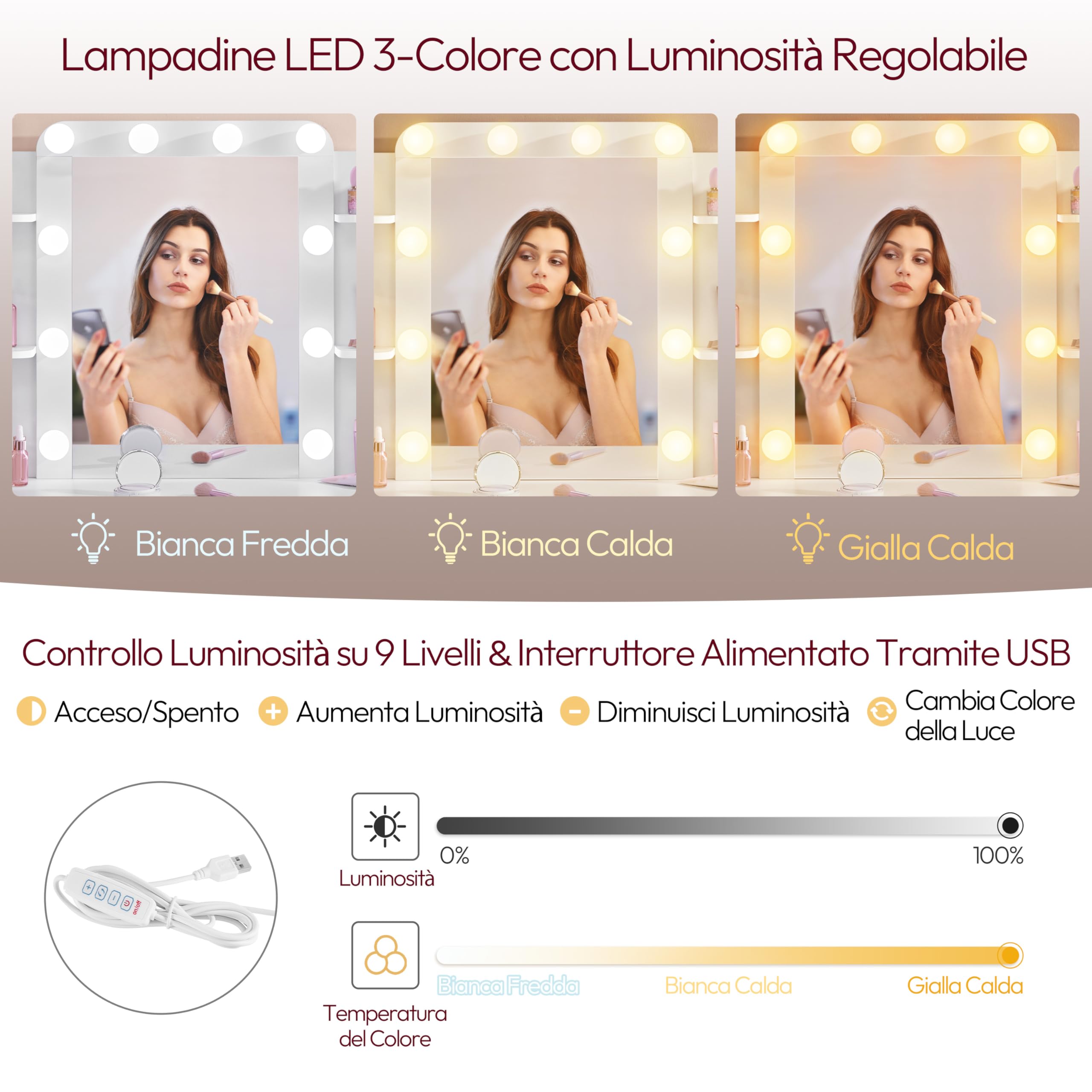Yaheetech Toeletta Trucco con 10 Luci LED 3 Colori Regolabili e 9 Modalità di Illuminazione Tavolo da Trucco con Specchio in Vetro Temperato 1 Cassetto Grande e 5 Mensole (Bianco)