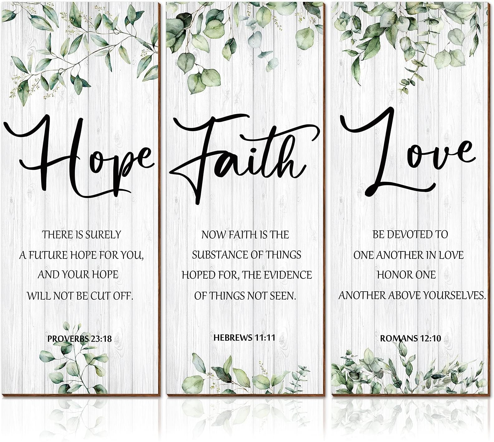 Blulu 3 Pieces Faith Hope Love Wall Decor Bible Verse Inspirational Wall Art Hanging Wall Plaque Rustic Wooden Green Leaves Wall Sign Scripture Quote for Home Bedroom Wall Decoration