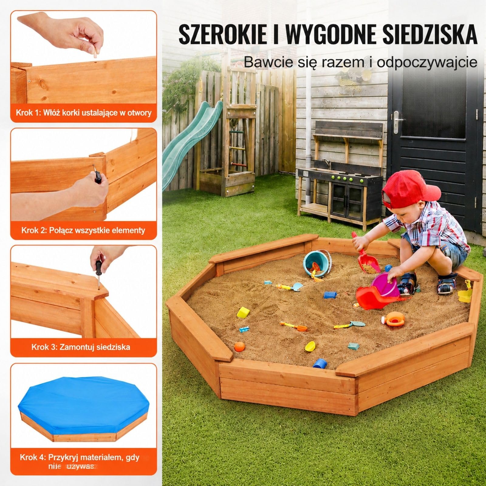 Drewniana piaskownica z pokrywą, ośmiokątna piaskownica, piaskownica z 4 siedziskami i wykładziną podłogową, piaskownica dla dzieci do ogrodu, prezent dla chłopców i dziewczynek w wieku 3-12 lat