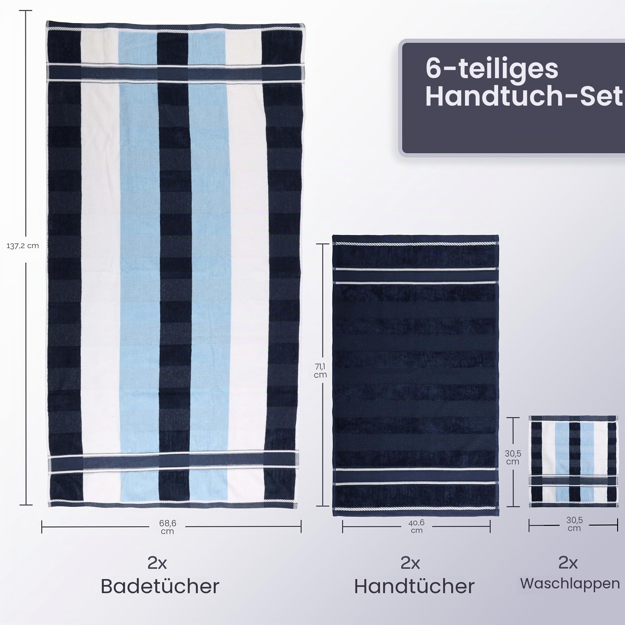 Lavish Home Handtuch-Set, saugfähige Baumwolle, Badzubehör mit Badetüchern, Handtüchern und Waschlappen, solide und gestreifte Handtücher (Marineblau), 6-teilig