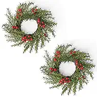 2 Pcs Christmas Candle Rings Wreaths, 10 Inch Candle Wreath with Artificial Berries Rosemary, Christmas Candle Holder Indoor Decor for Home Kitchen Cabinets Centerpieces for Tables