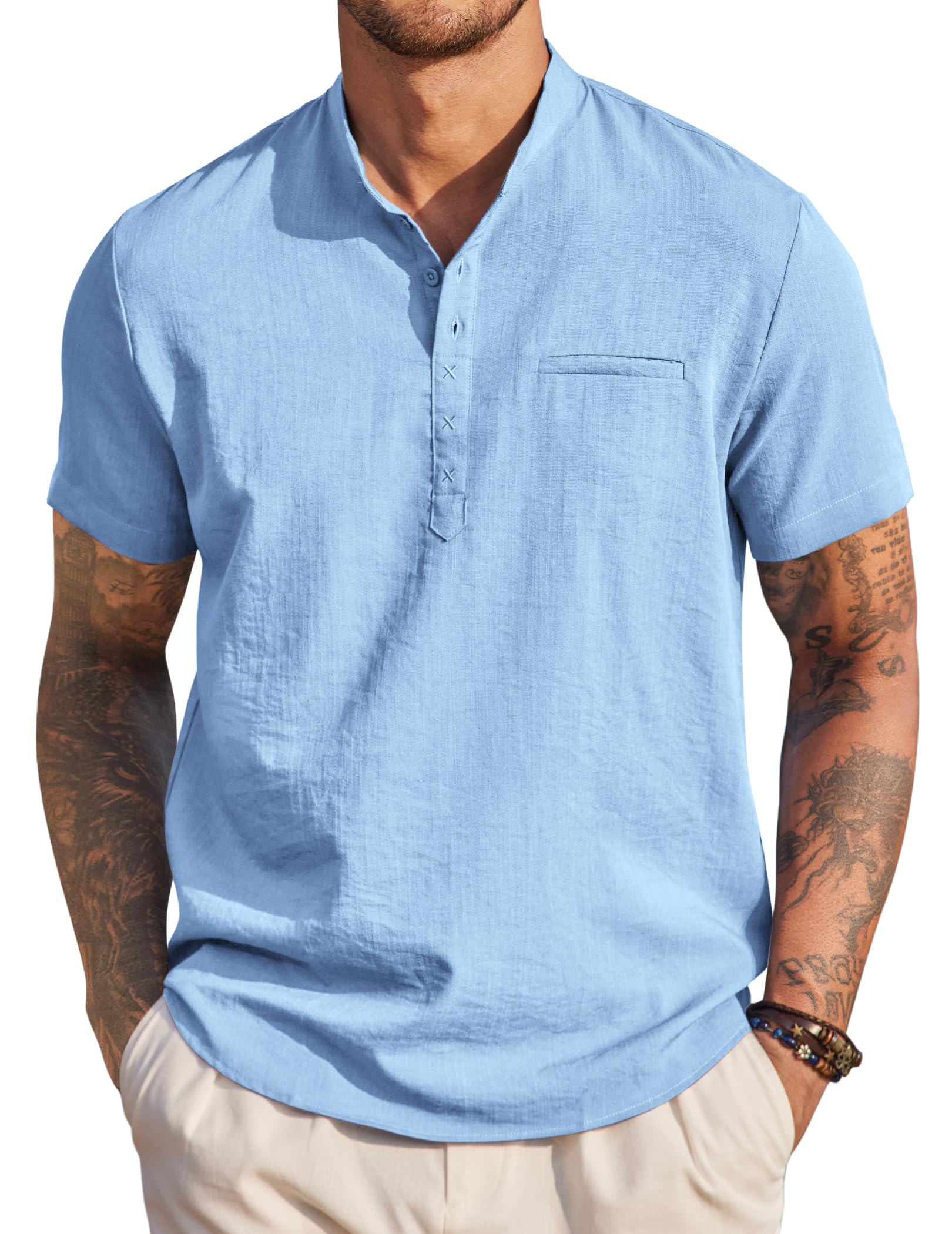 COOFANDY Camicia Uomo Maniche Corte Henley, Tessuto Leggero E Traspirante, Colore Azzurro, Taglia S, Ideale Per Estate E Spiaggia