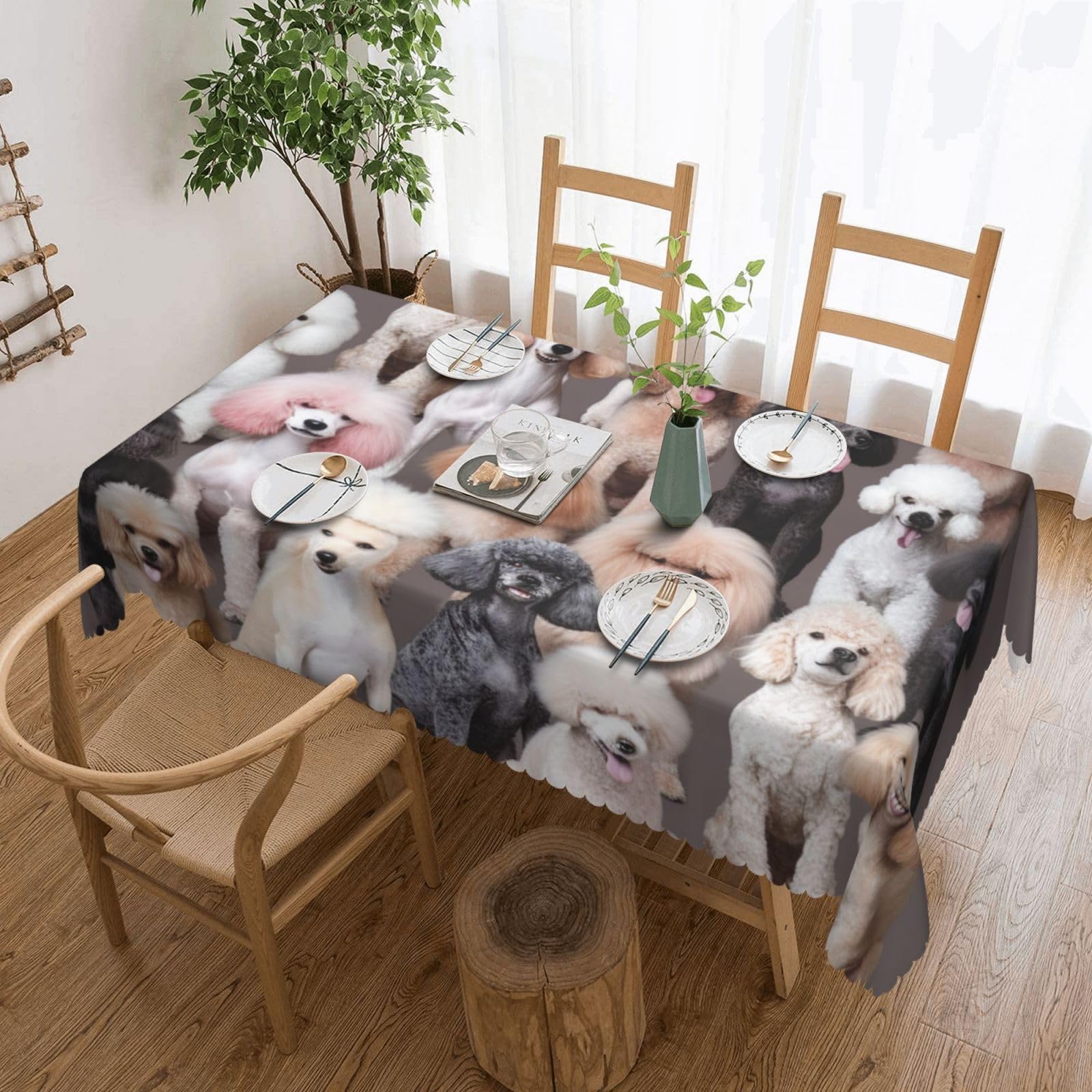 WPKJU Oodles of Poodles Printed Rectangle Tablecloth 72x54 Inch with Lace Trim, Water-Resistant Washable Table Cover for Farmhouse Weddings, Outdoor Picnics & Holiday Dining