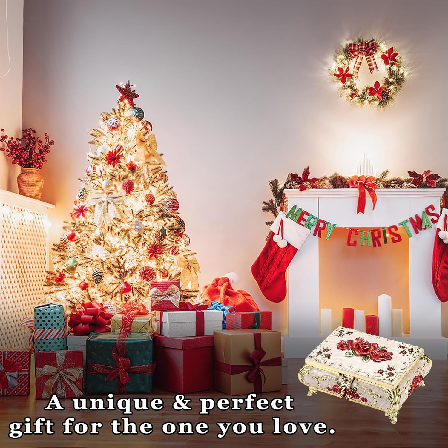 ELLDOO Vintage Music Box, Beige Metal Musical Jewelry Box Keepsake Box, Small Trinket Jewelry Storage Box Gift for Girl Women (Tune: You are My Sunshine), Red Rose Pattern, Large