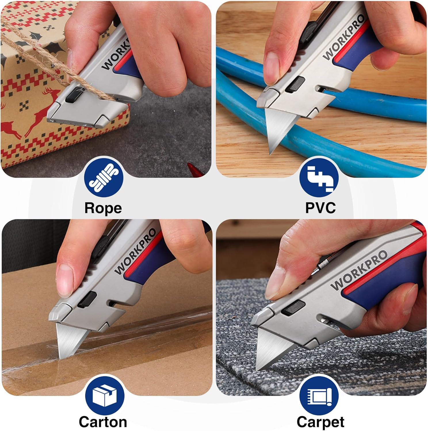 WORKPRO Retractable Utility Knife Set, 2-pack Quick-Change Box Cutter with Twine Cutter, Heavy Duty Aluminum Razor Knife with Comfortable Handle, 10 Extra Blades Included