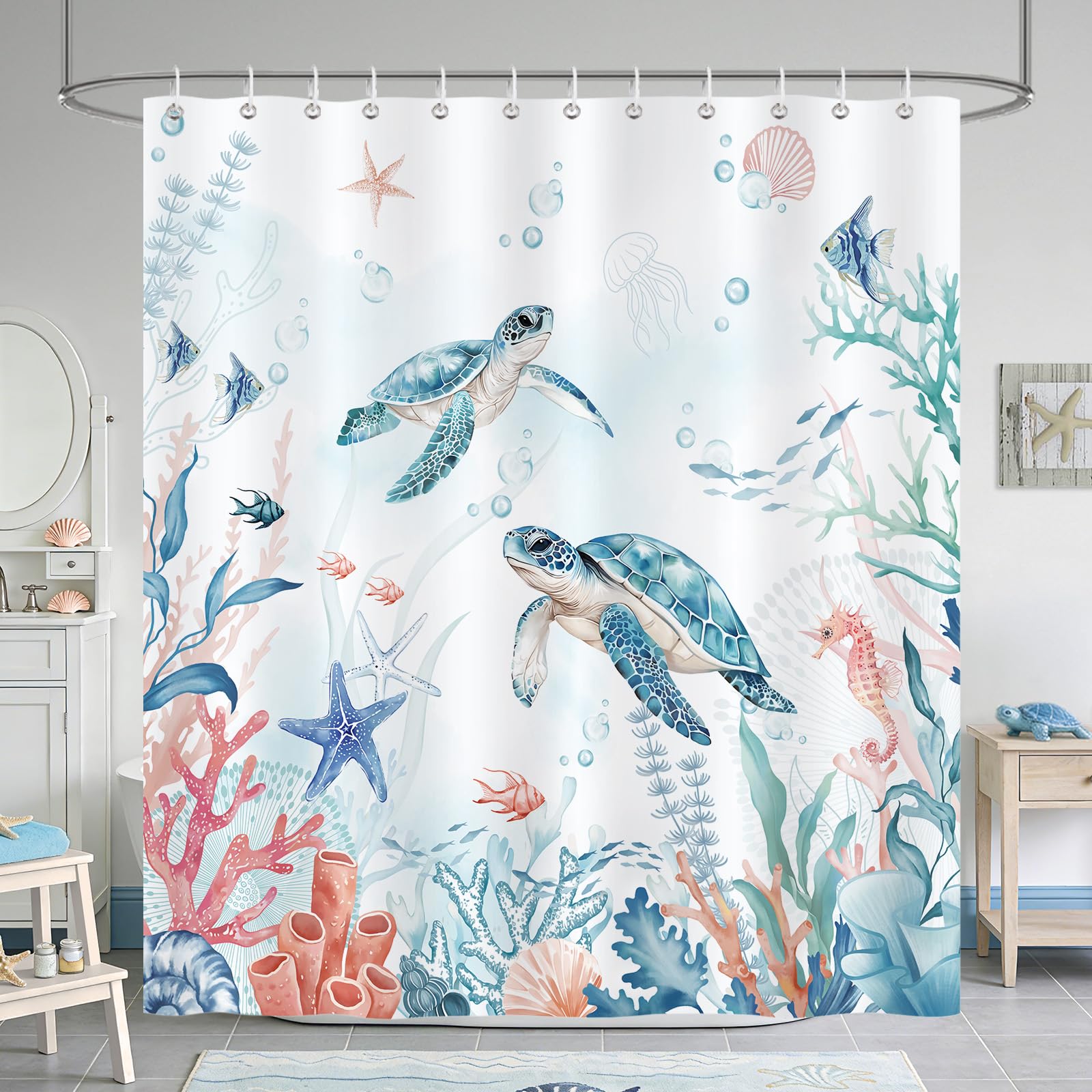 COZZSNUGE Sea Turtle Shower Curtain, Blue Teal Ocean Coastal Coral Starfish Fish Seaworld Beach Bathroom Curtain 180 x 180 cm, Water Repellent Mildew Resistant Polyester with 12 Hooks