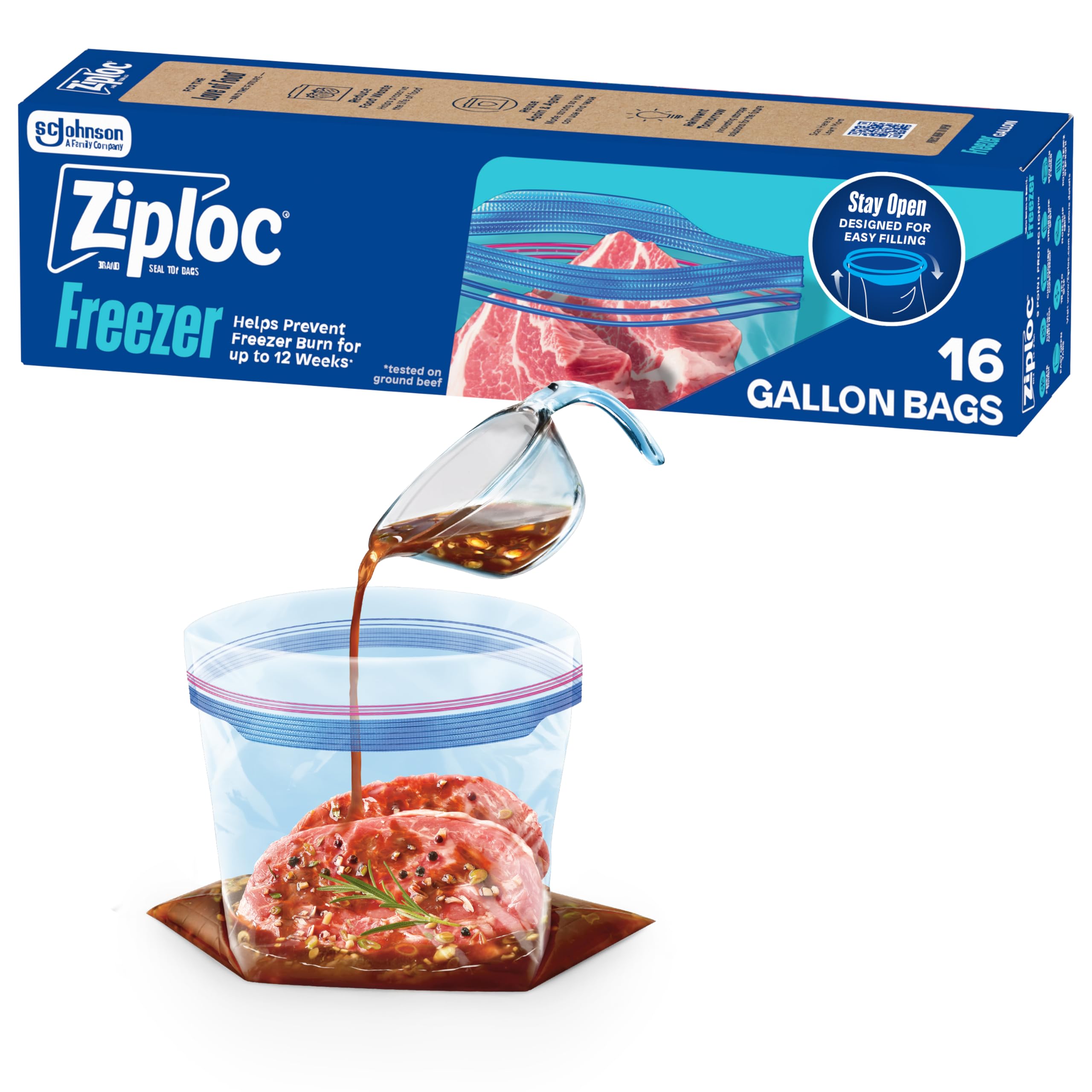 Ziploc Gallon Food Storage Freezer Bags, Stand-Up Bottom, Easy to Fill, 16 Count
