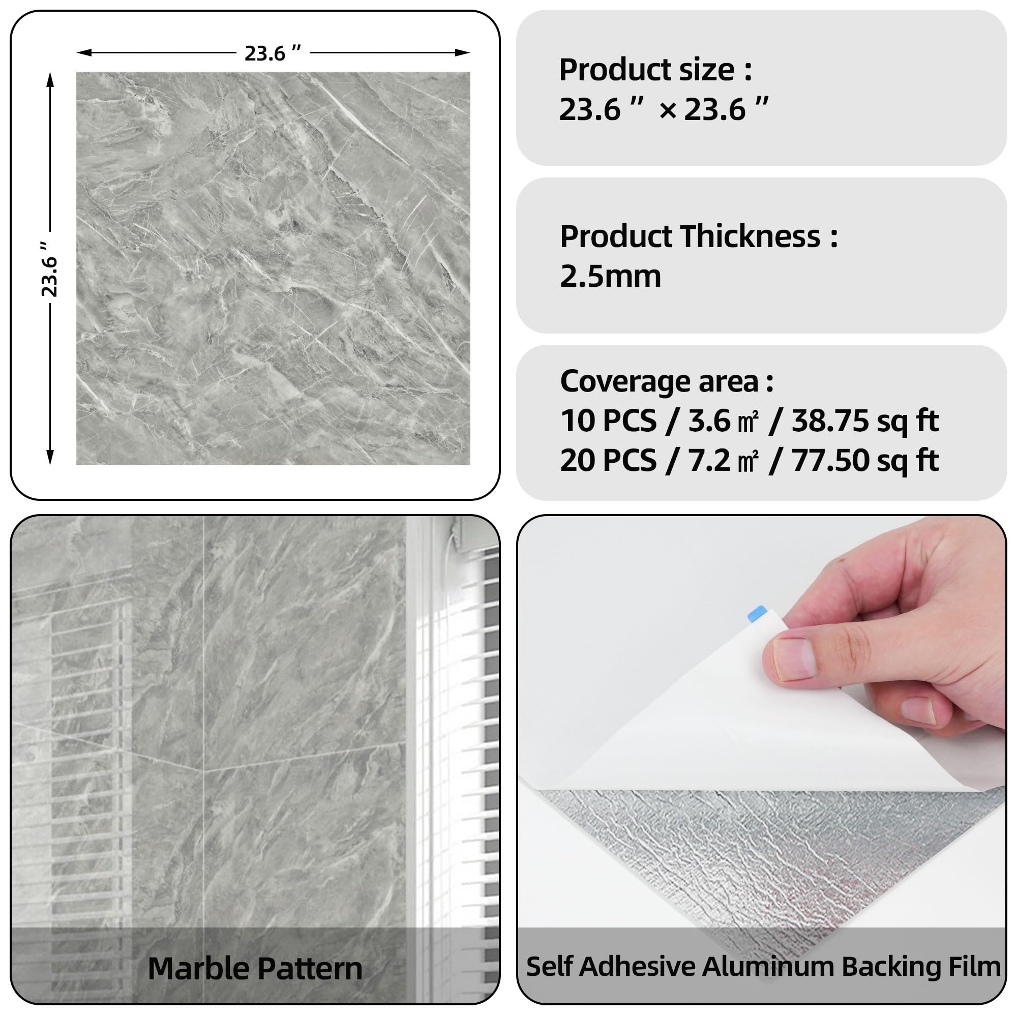 WADLE - Piastrelle adesive da parete per doccia, impermeabili, in marmo, 60 x 60 cm, autoadesive, confezione da 20, colore grigio