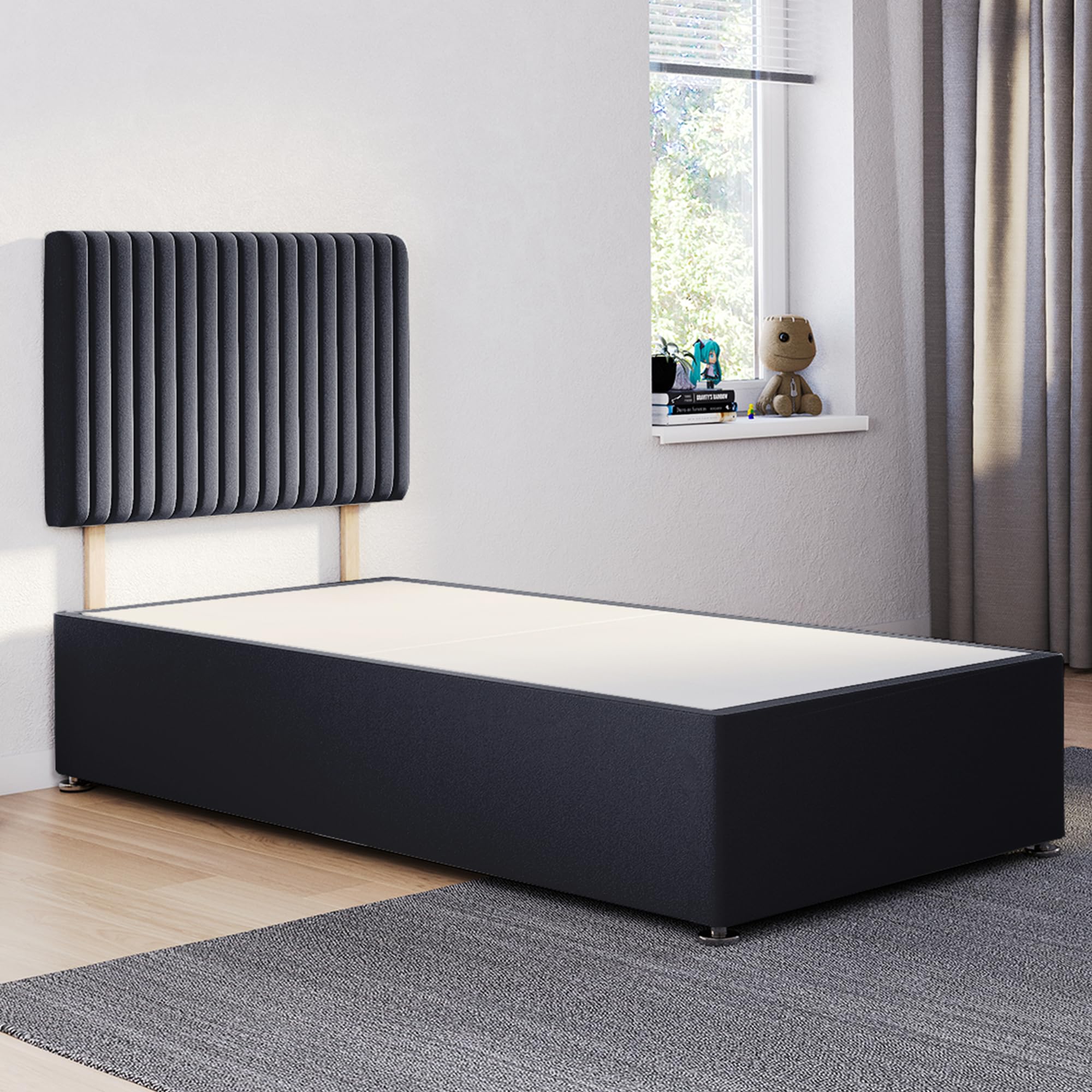 ComfoRest Single Divan Bed Base with Malia Headboard - 3FT - (Black Plush) - Space-Saving Frame for Small Bedrooms - Ideal for Students, Guests or Everyday Use - No Mattress, No Drawers