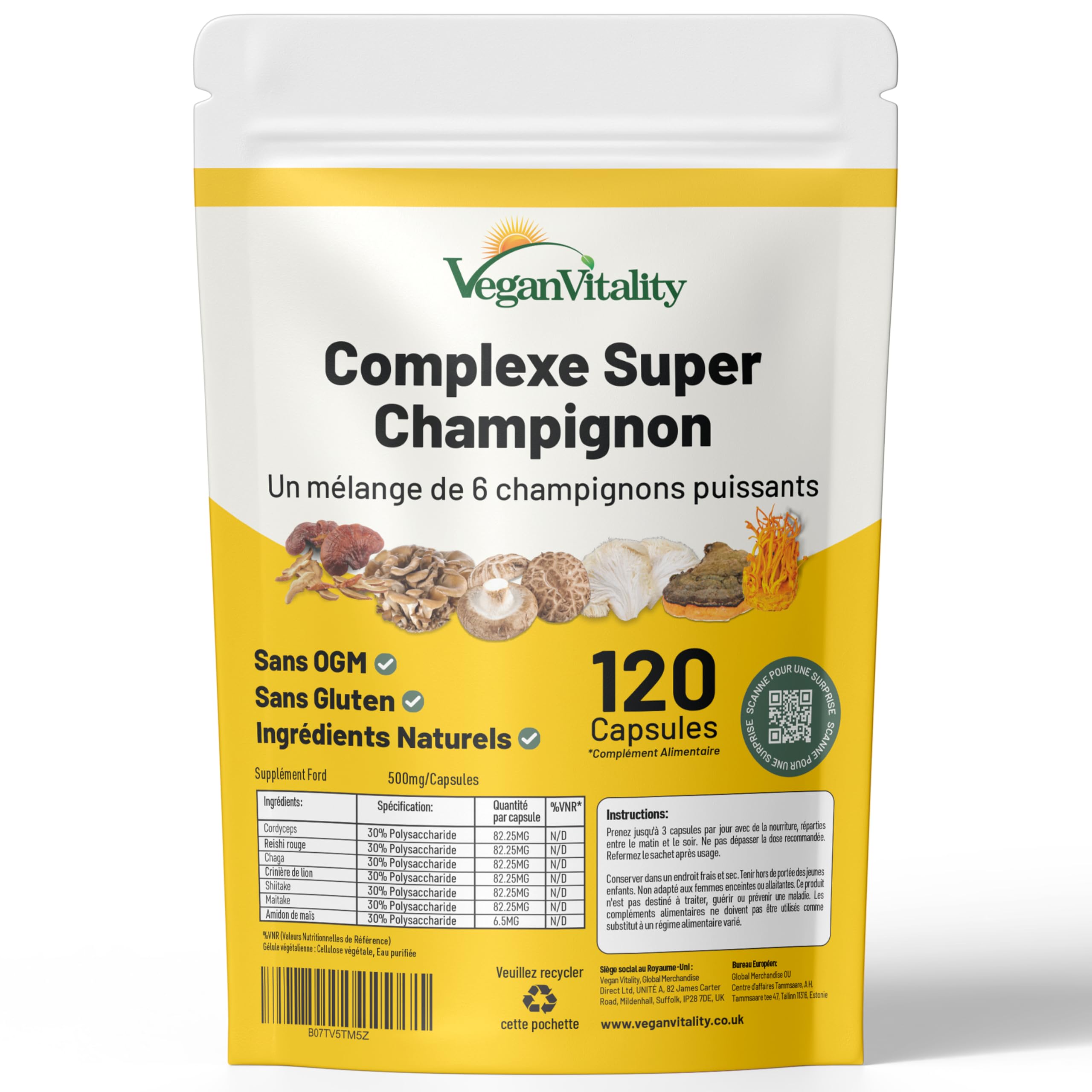 Suppléments à base de 6 champignons – Reishi, Lions Mane, Cordyceps, Chaga, Shitake and Maitake. 120 Capsules.