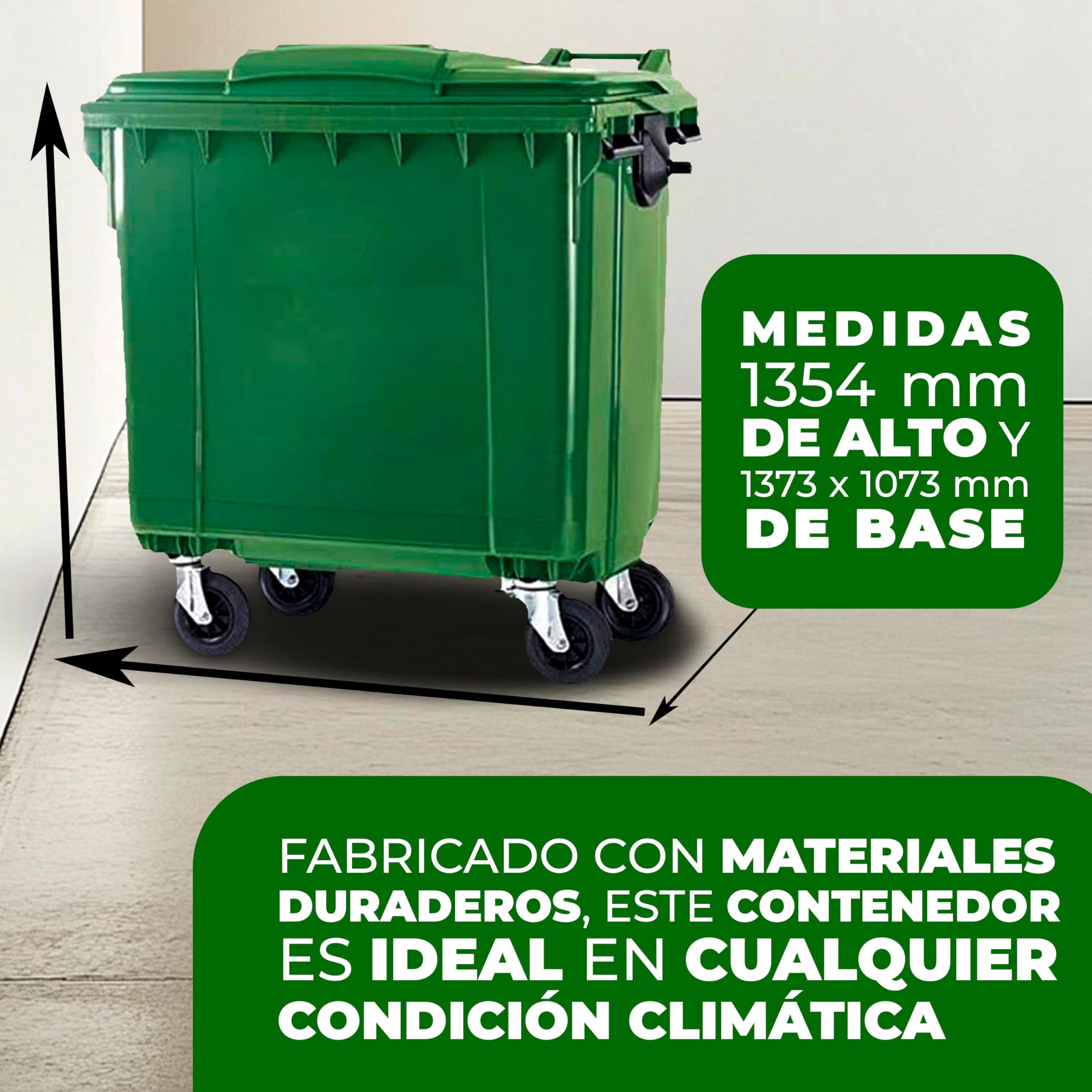 SSI Contenedor de Basura 1100L con Tapa Plana - Ruedas con Freno, Desagüe Inferior, Cumple Normativa EN-840, Ideal para Grandes Volúmenes de Residuos y Reciclaje en Exteriores (Verde, 1100 litros)