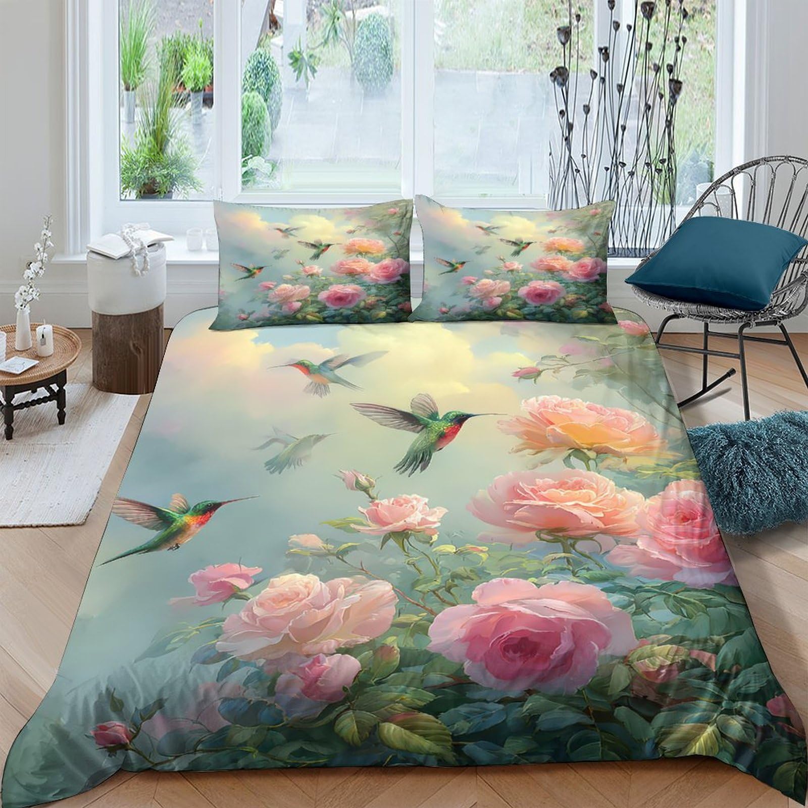 Ctjqhvkz Style-4 3D Printed Hummingbird Floral Fitted Sheet Microfiber Soft Bedroom Bed Cover Anti-Slip Machine Washable Decor Single（135X200cm）