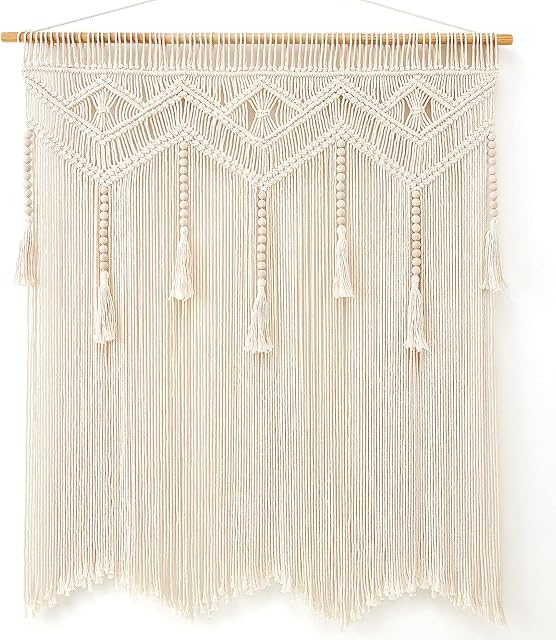 Mkono Macrame Wall Hanging Large Boho Decor Chic Tapestry Curtain Tassel Woven Wall Art Christmas Decoration for Backdrop Window Over Bed Bedroom Nursery Dorm, Including Hanging Rod, 36''W x 42''H