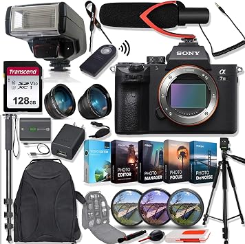 Sony Alpha a7 III Mirrorless Digital Camera Body Only ILCE7M3/B Bundle with Telephoto and Wide-Angle Lens Set, 128GB Memory Card, Microphone, TTL Flash, Camera Bag and Accessories