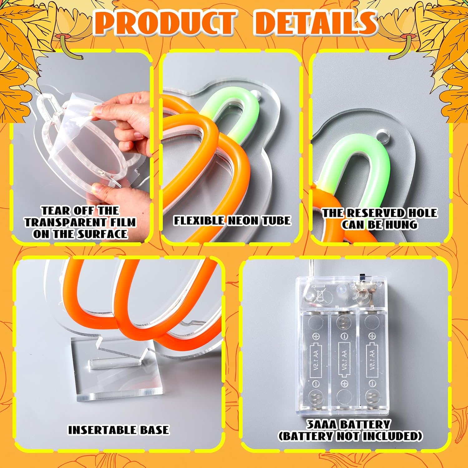 Retisee 3 Pcs Thanksgiving Neon Sign LED Pumpkin Lights Dimmable Pumpkin Neon Signs Battery Operated for Home Wall Window Harvest Celebrate Party Holiday Decor Gift - Image 3