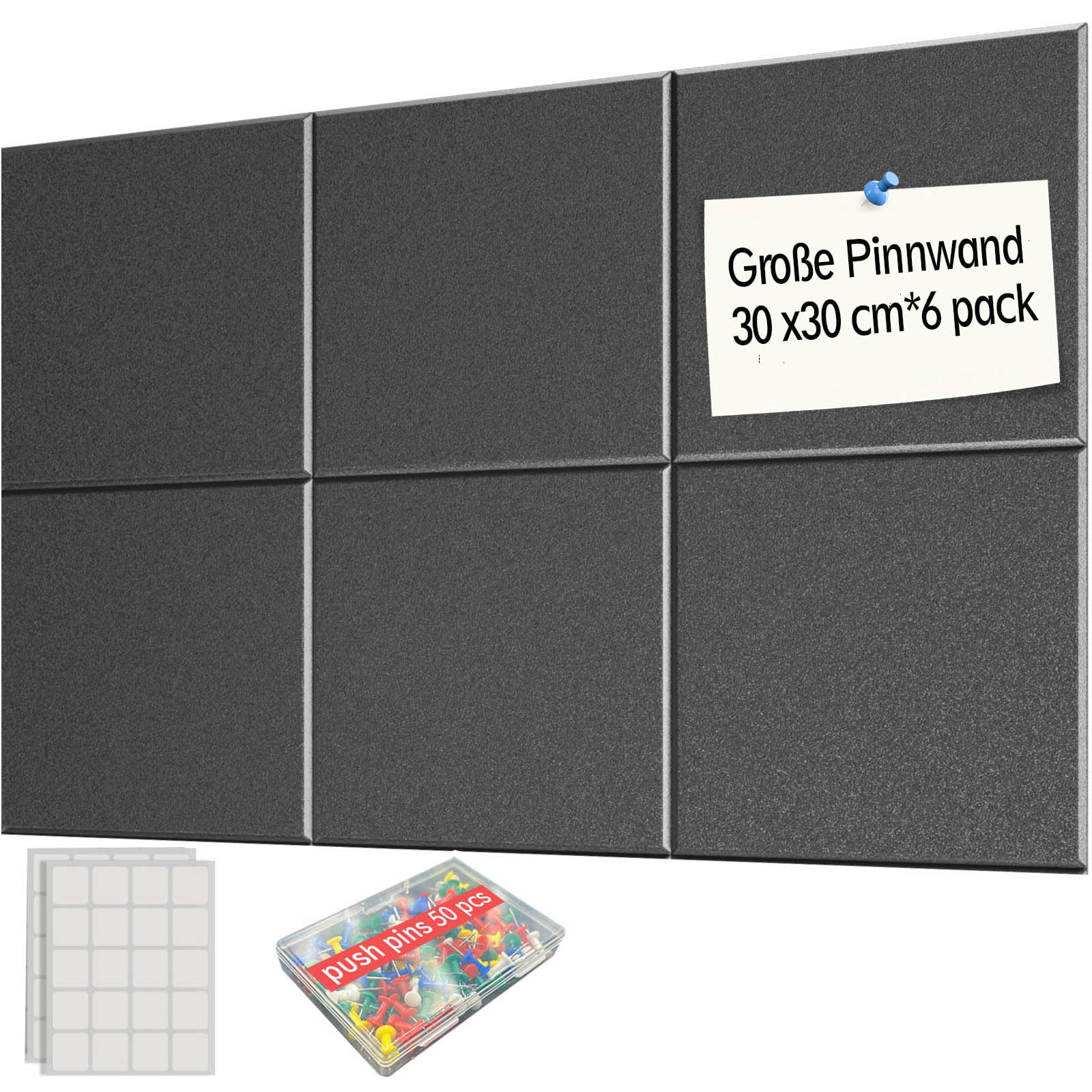 Große Pinnwand 89,9 x 59,9 cm, schwarze Korktafel, 6 Stück Korktafeln für Wände mit 24 Reißnägeln, Pinnwand & Vision Board für Home Office, Studentenwohnheim, Kreativstudio