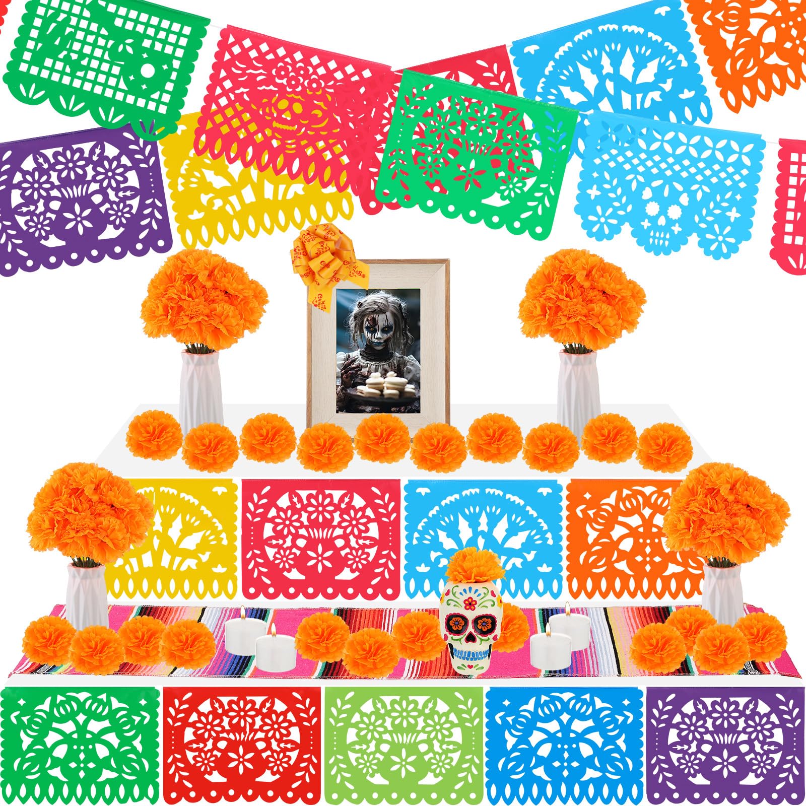 Kinlop 38 Pcs El Dia De Los Muertos Ofrendas Altar Classic Kit Day of the Dead Theme Set Include Marigold Flower Candles Mexican Papel Picado Banner