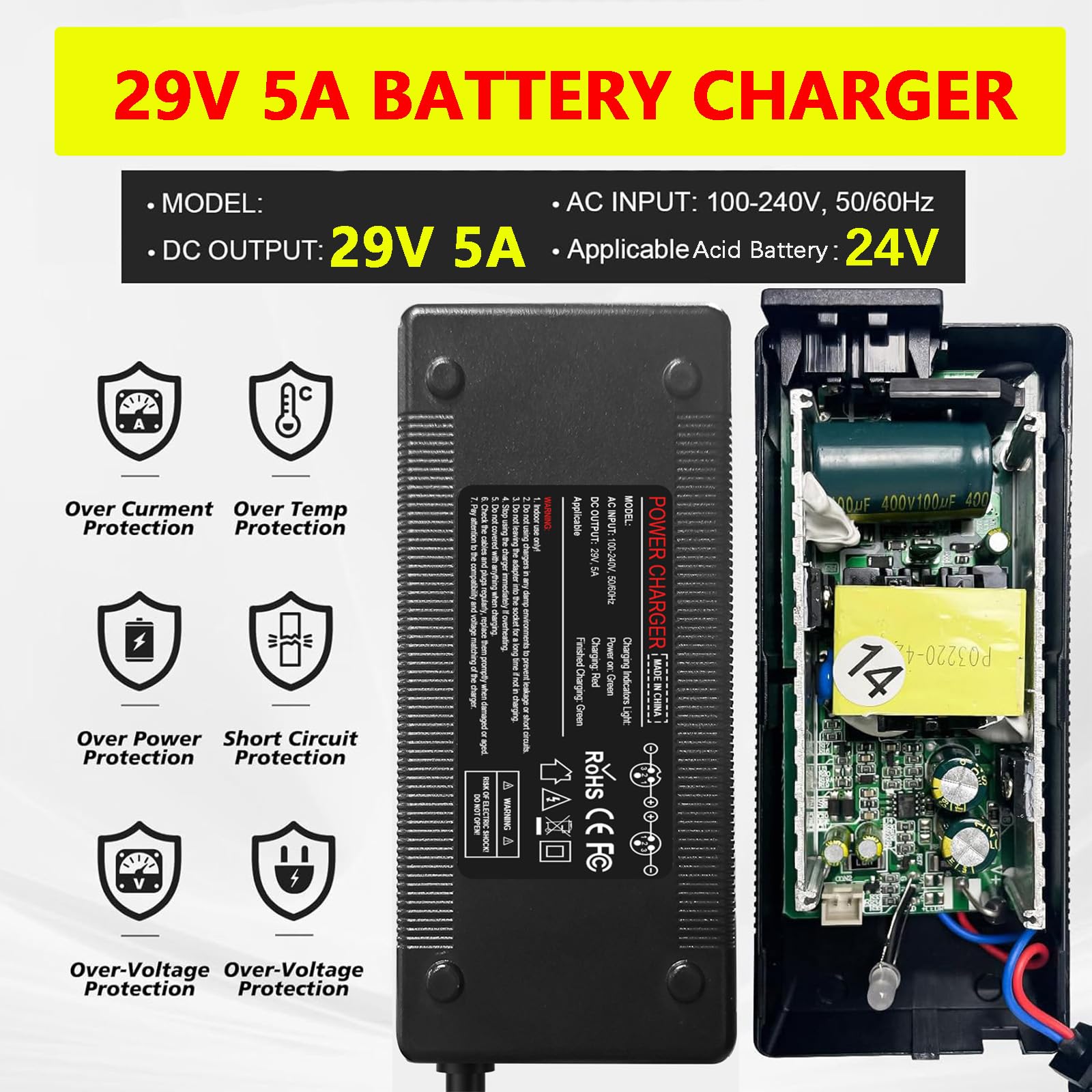 Amazon.com: 29V 5A Fast Charger for 24V Lead Acid Battery, 3-Pin