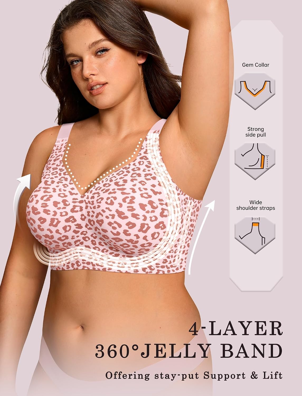 oeak womens wireless jelly bra plus size supportive seamless bras full coverage push up comfortable no underwire tshirt bras pink leopard 5x-large