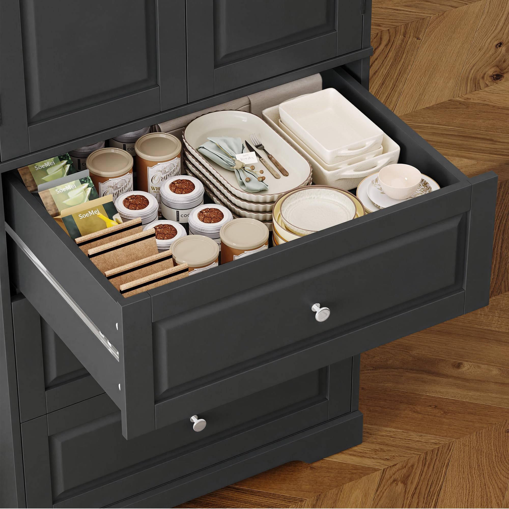FOREHILL 150cm Credenza Cucina con 3 Cassetti, Dispensa Cucina con 8 Ripiani della Porta, Mobile Dispensa a 2 Ripiani Regolabili, per Sala da Pranzo, Soggiorno, 60x40x150 cm (Nero)