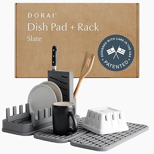 Dorai Home Collapsible Dish Drying Rack with Stone Dish Pad