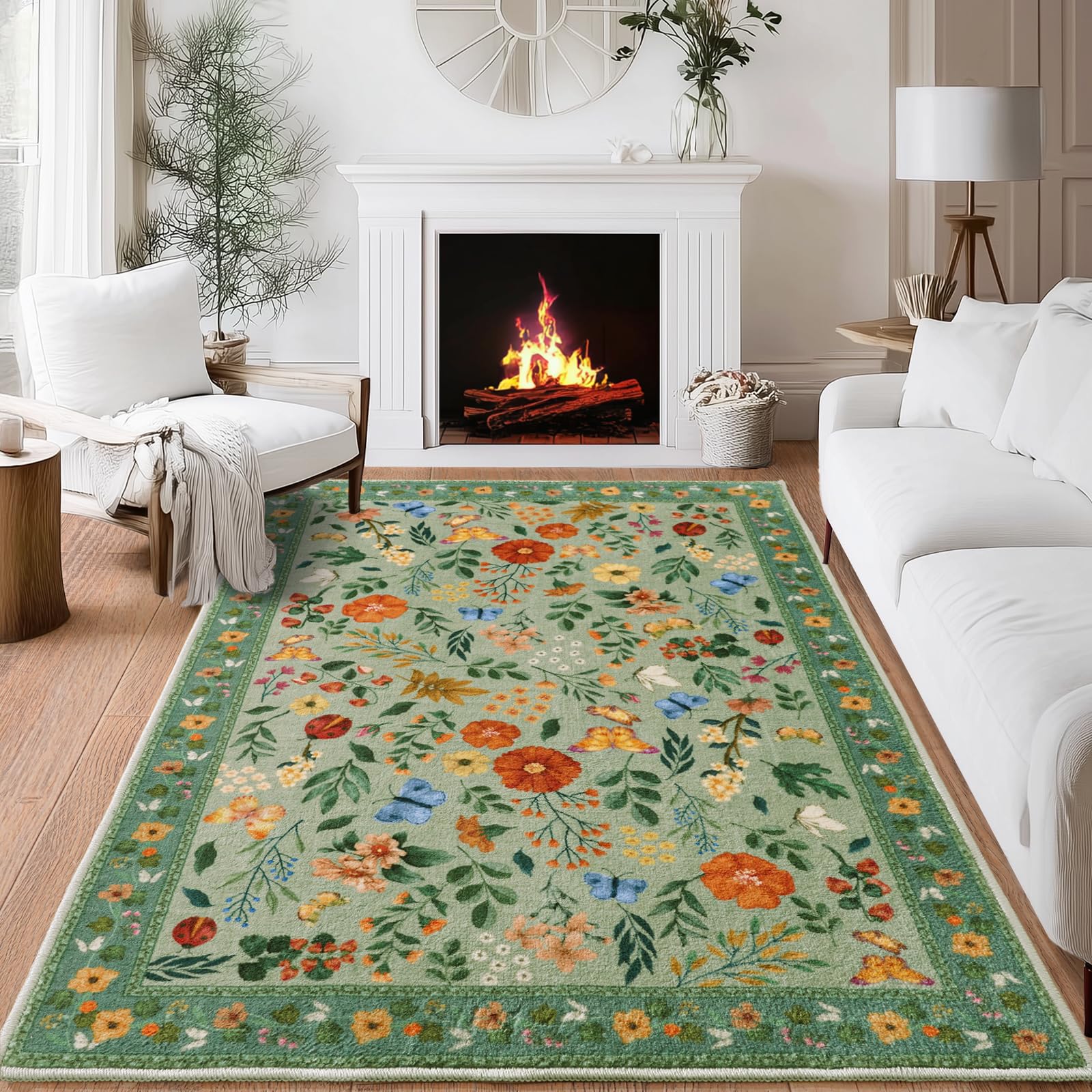 MAST DOO Teppich Wohnzimmer Waschbarer 140x200cm, Boho Blumen Kurzflor Wohnzimmerteppich Groß Teppich für Esszimmer Schlafzimmer Büro, Waschbar rutschfest Teppiche Blumen Design Carpet, Grüne