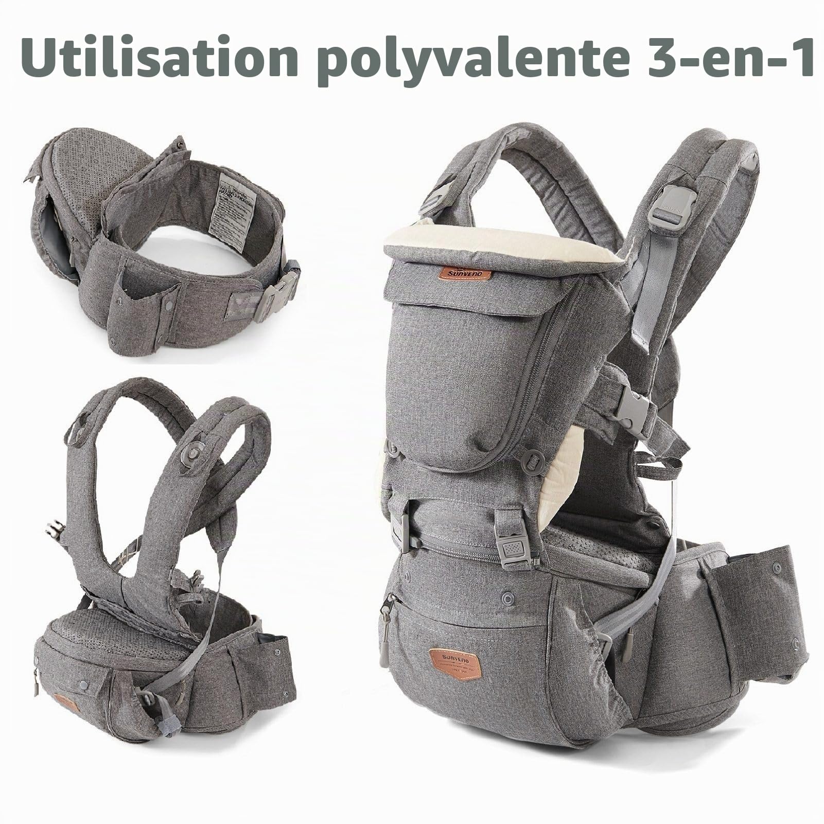 SUNVENO Baby Carrier, 6-in-1 Ergonomic Hipseat Carrier with Breathable Air Mesh, Front and Back Hip Seat Carriers for 7-48 lbs Babies, Padded Shoulder Strap for All Season, Grey