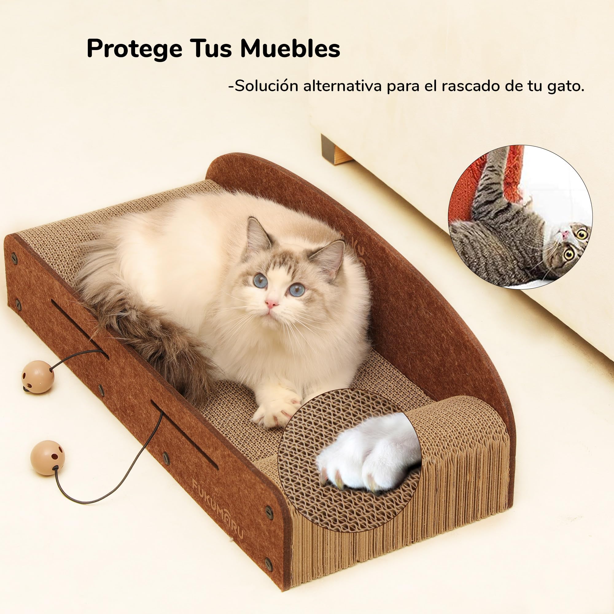 FUKUMARU Rascador para Gatos 66 cm, De Fieltro Cartón Ondulado Reciclable con Pelota de Juguete，Color Caramelo，Talla Grande