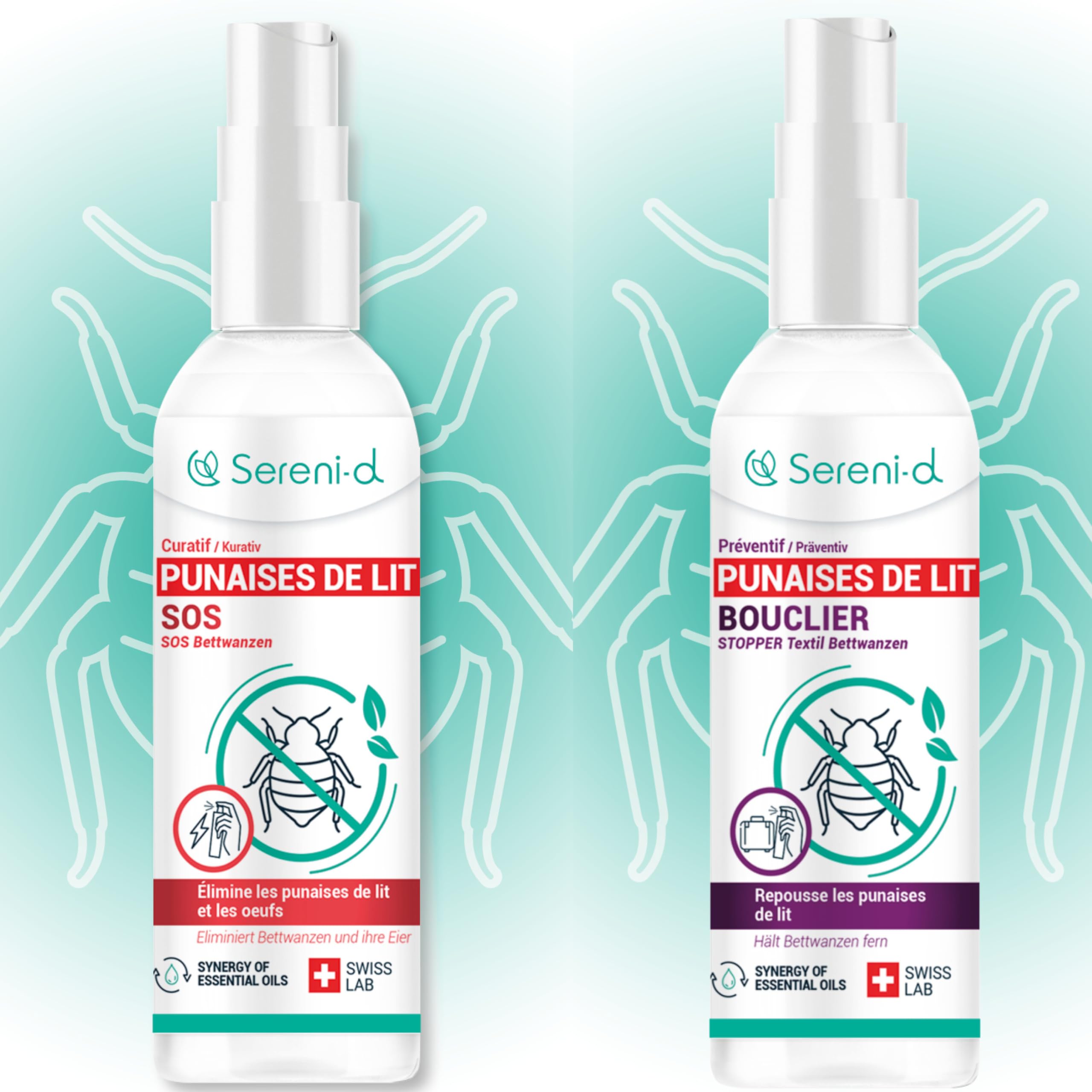 SERENI-D - KIT TRANQUILLITÉ - SOS ANTI PUNAISES DE LIT SUPER PUISSANT + SPRAY BOUCLIER RÉPULSIF HAUTEMENT EFFICACE - Traitement naturel à double efficacité curative et préventive - Swiss Lab