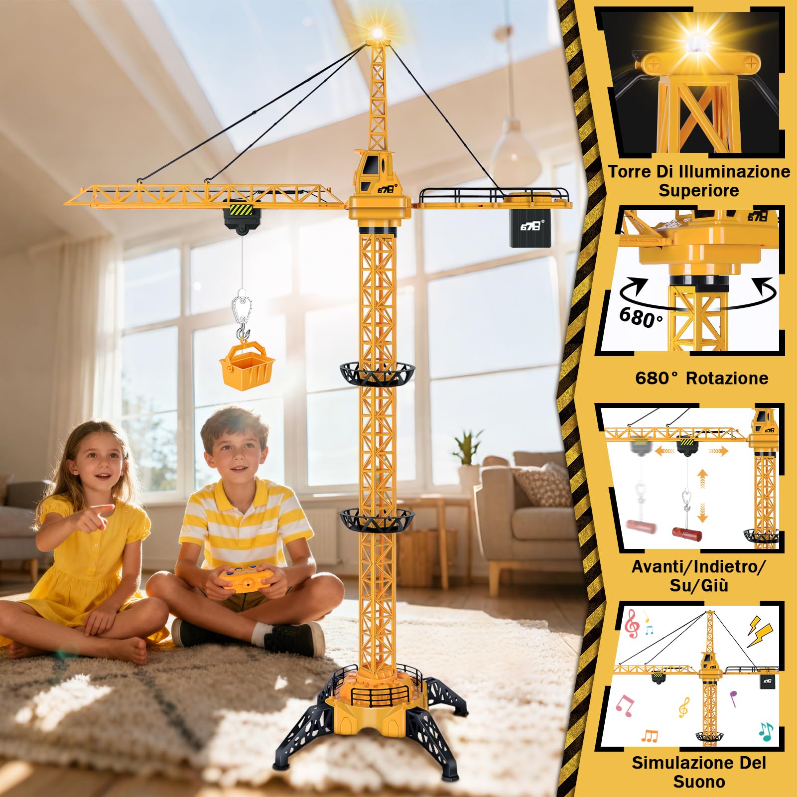 JONRRYIN Grúa Torre Teledirigida, 128 cm RC Grúas Torre de Construcción, Modelos Grúa 6 Canales, Control de Grúa Torre de Juguete con Luces y Sonidos para de 3 Años en Adelante