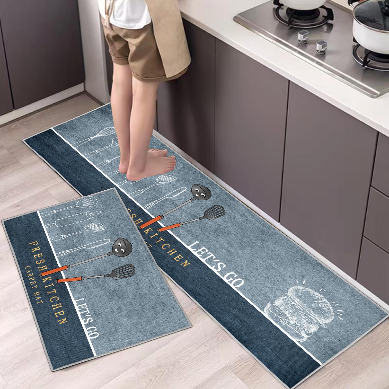 Tapis de Cuisine antidérapants Lot de 2, Absorbe l'eau et l'huile, Résistant à la poussière, Intérieur, Hamburger, 43 x 75 + 43 x 150 cm