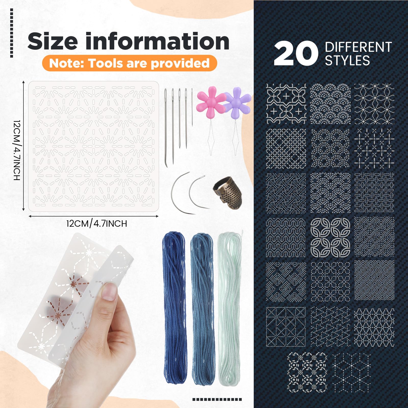 Affrolling 20 Pcs Plastic Sashiko Stencil Kit 4.7 x 4.7 Inch Geometric Sashiko Pattern Template Drawing Line Embroidery Pattern with Thread Needles Embroidery Practice Thimble Sewing for Hand Quilting