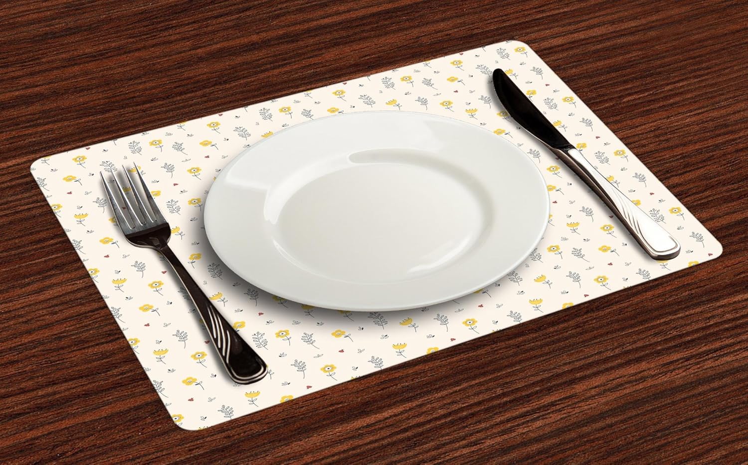 Lunarable Floral Place Mats Set of 4, Contour Flowers Leaves and Tiny Ladybugs Pattern Spring Flora Theme, Washable Fabric Placemats for Dining Room Kitchen Table Decor, Black Yellow and Champagne